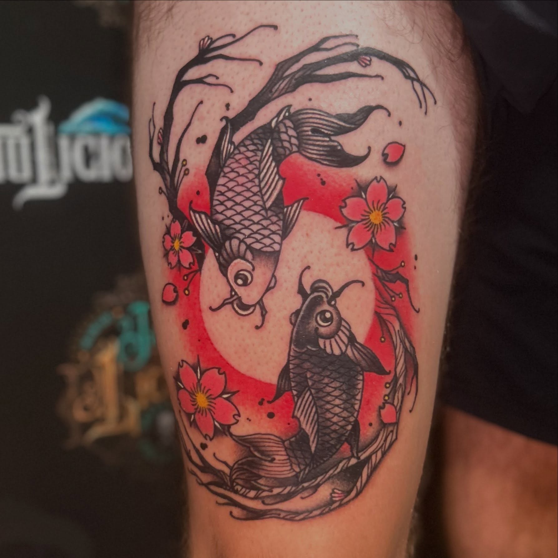 Koi fish and cherry blossoms japanese irezumi tattoo on the forearm by Daemion