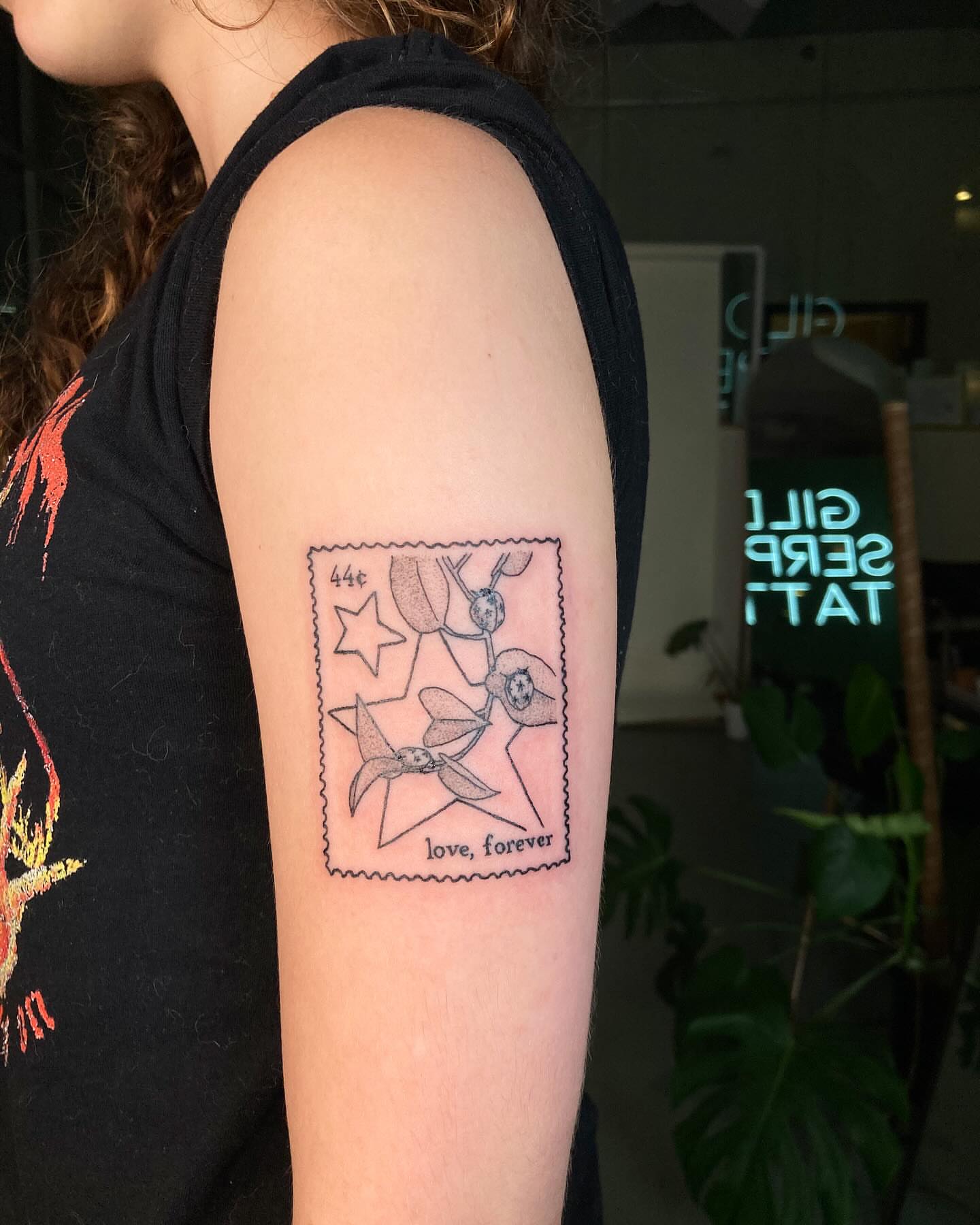 Postage stamp geometric tattoo on the forearm by james <3