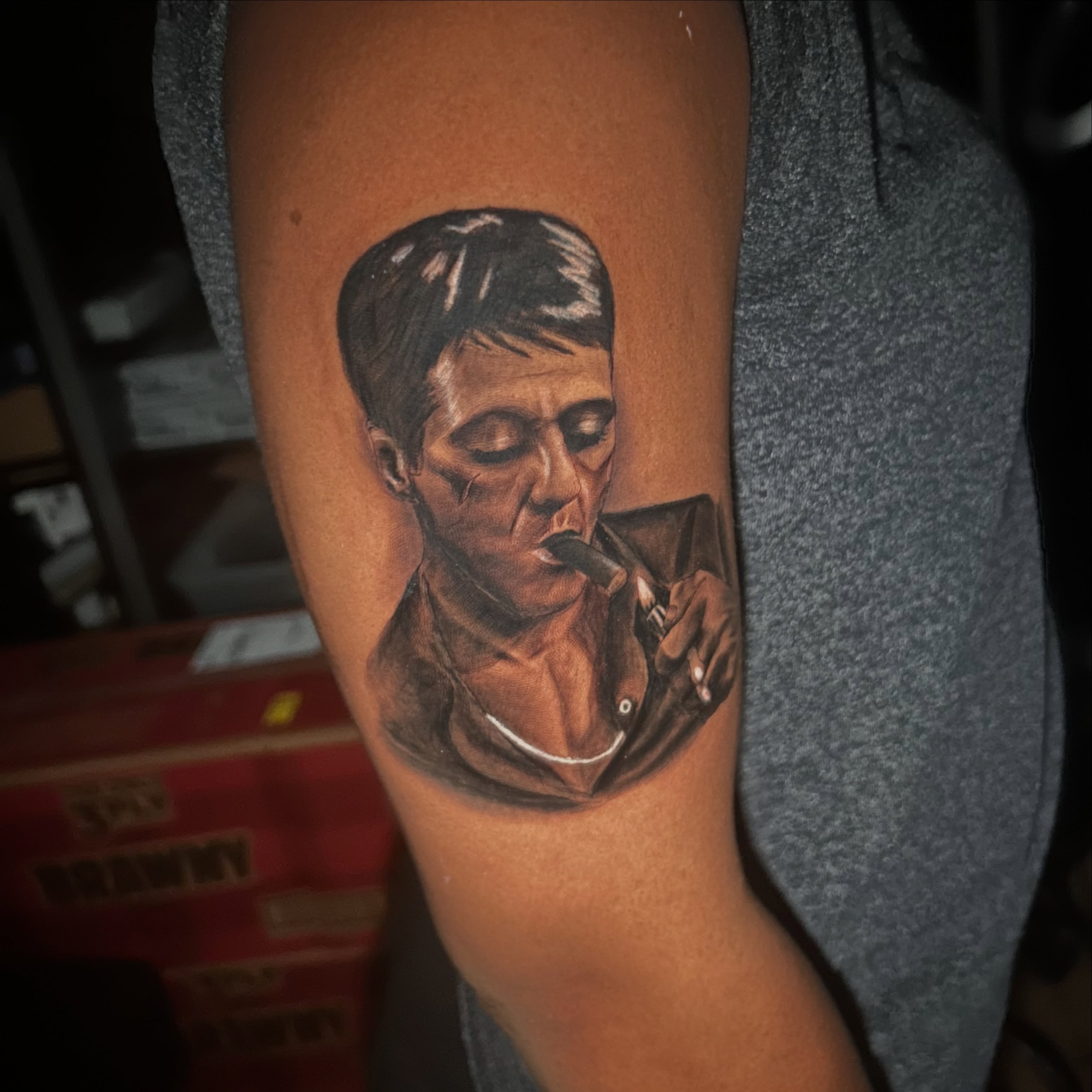 Man smoking pipe realism tattoo on the forearm by Nigel🪓UNO
