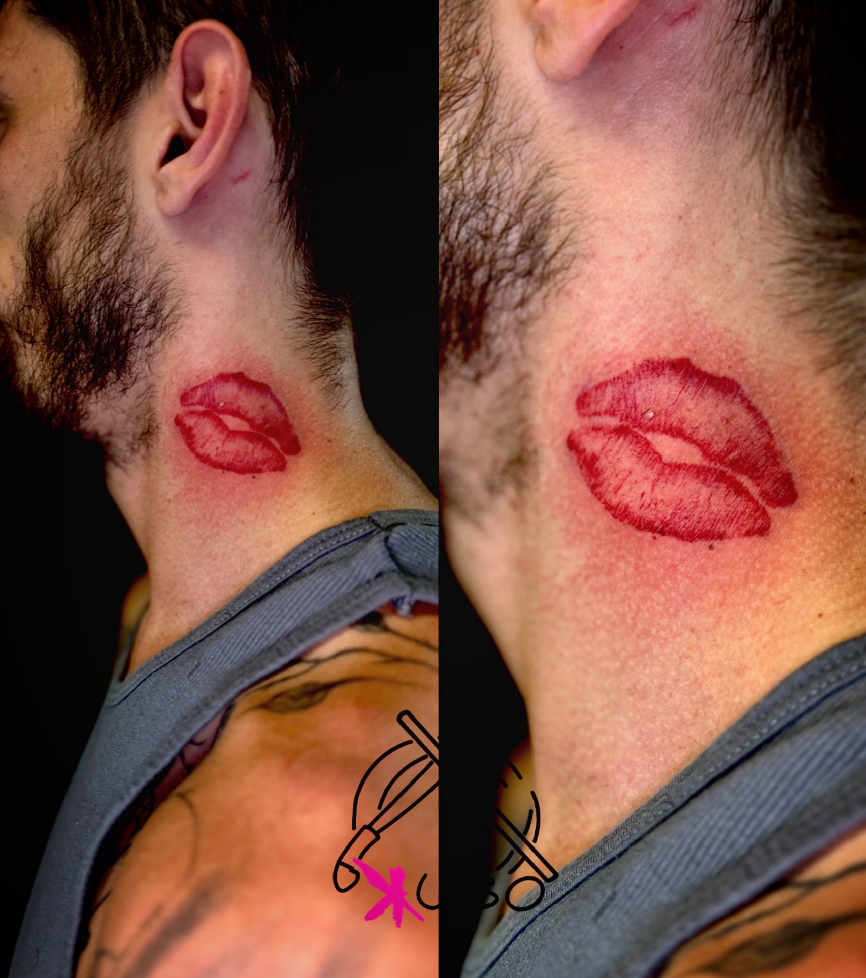 Lips dotwork tattoo on the neck by Caloy Obra