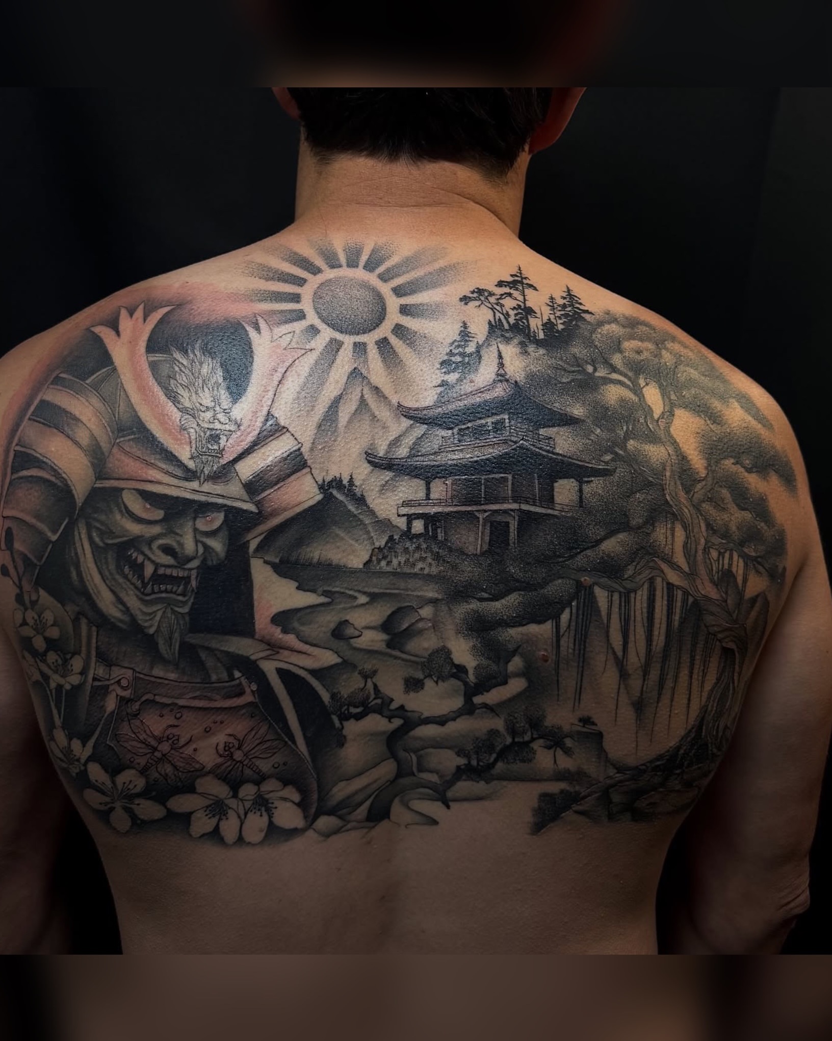 Japanese samurai landscape realism tattoo on the back by Mo Dinero🎰