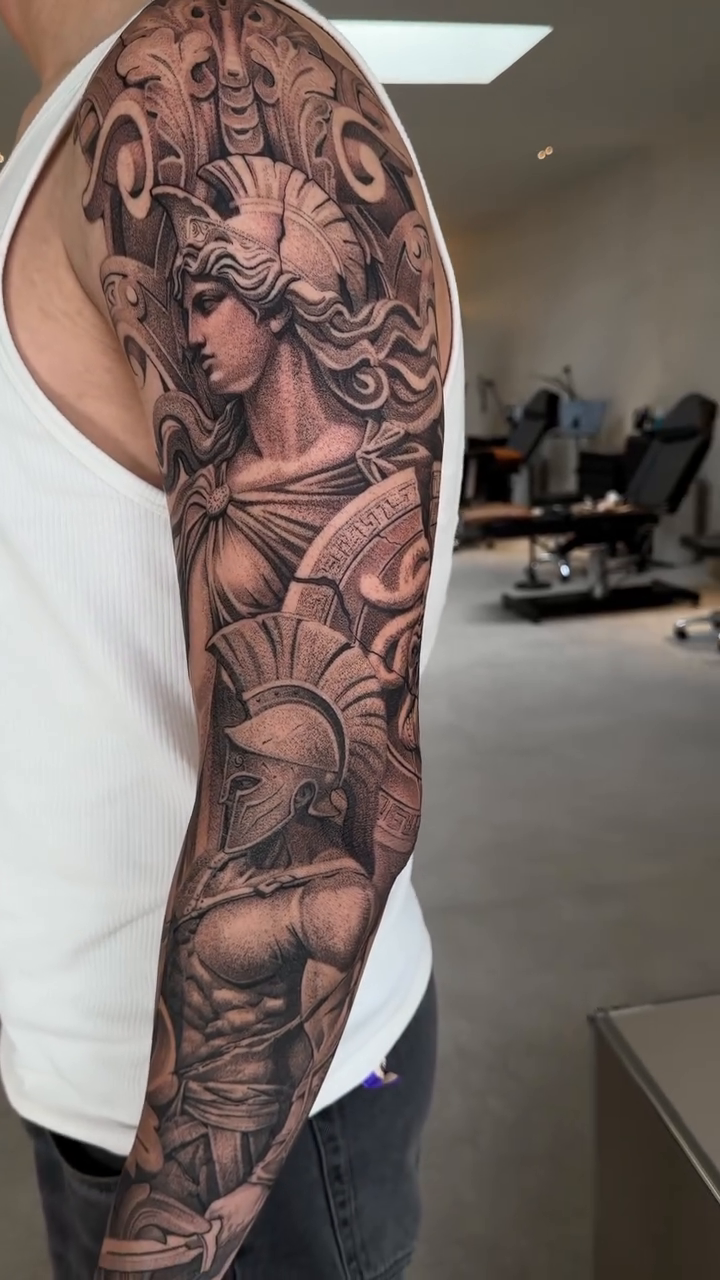 Greek mythology sleeve realism tattoo by Viktor Govorukhin