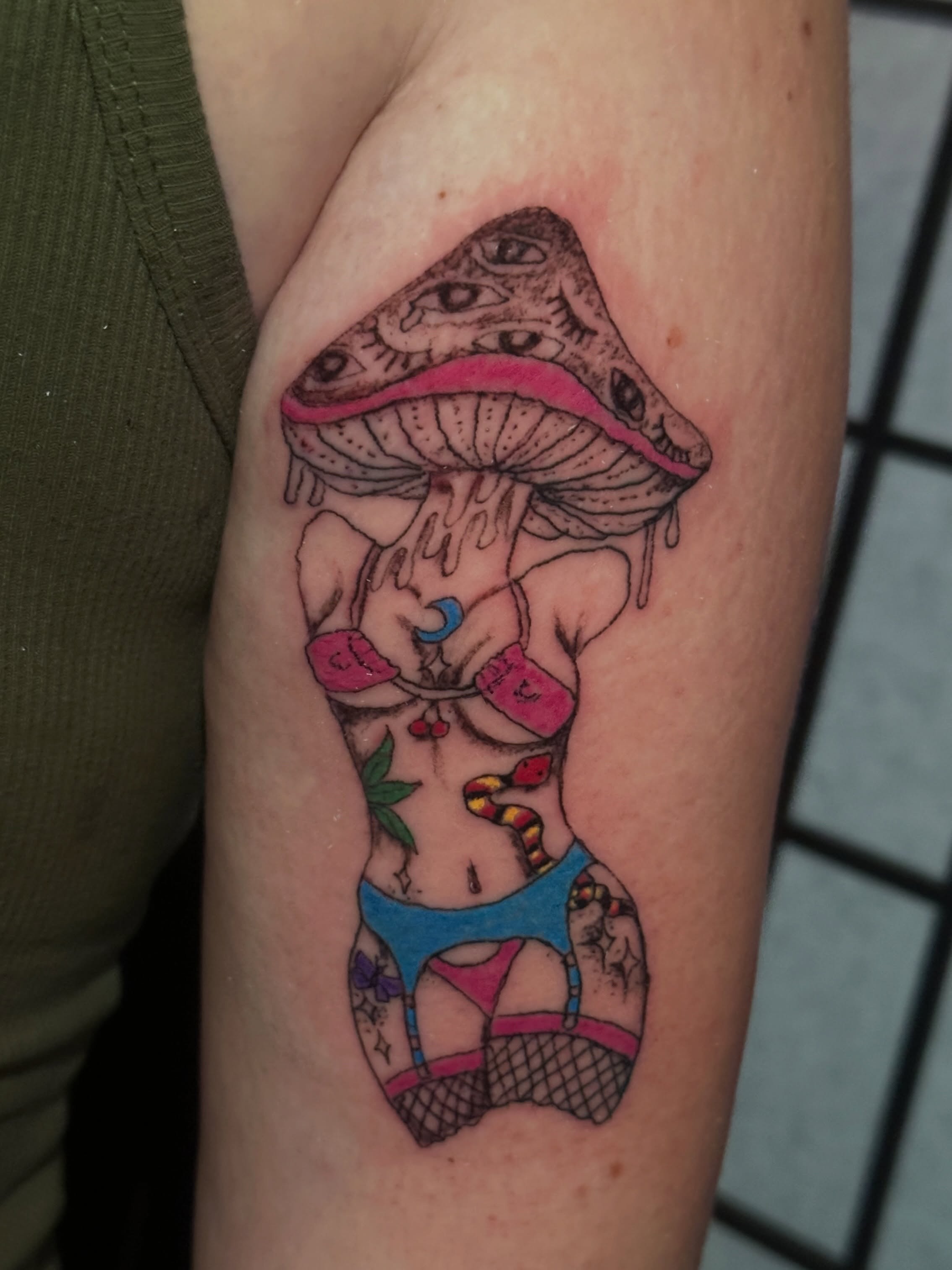 Mushroom woman American traditional tattoo on the forearm by Chris Whittaker Tattoo Artist