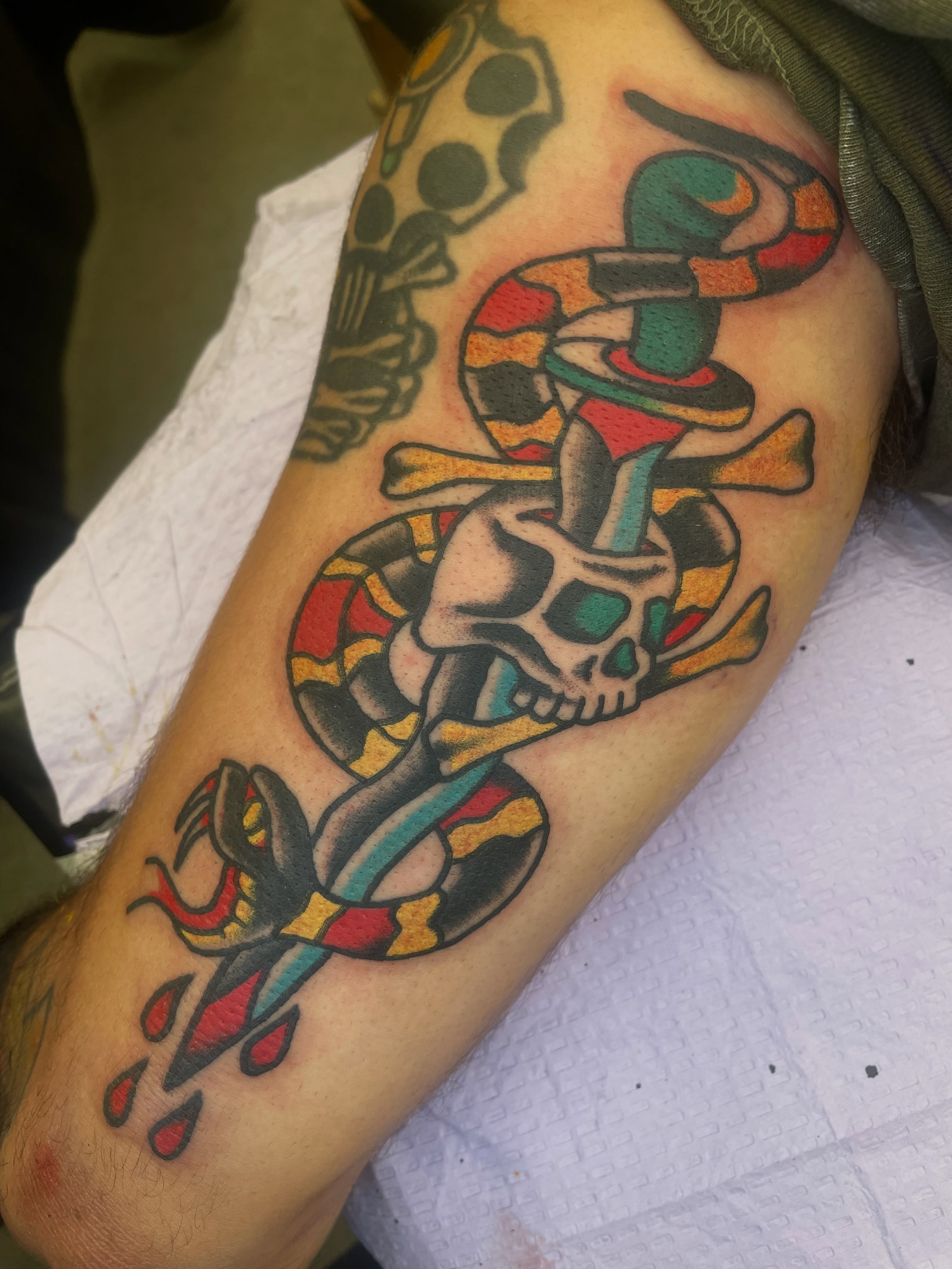 Snake and skull American traditional tattoo on the forearm by Francis Kane