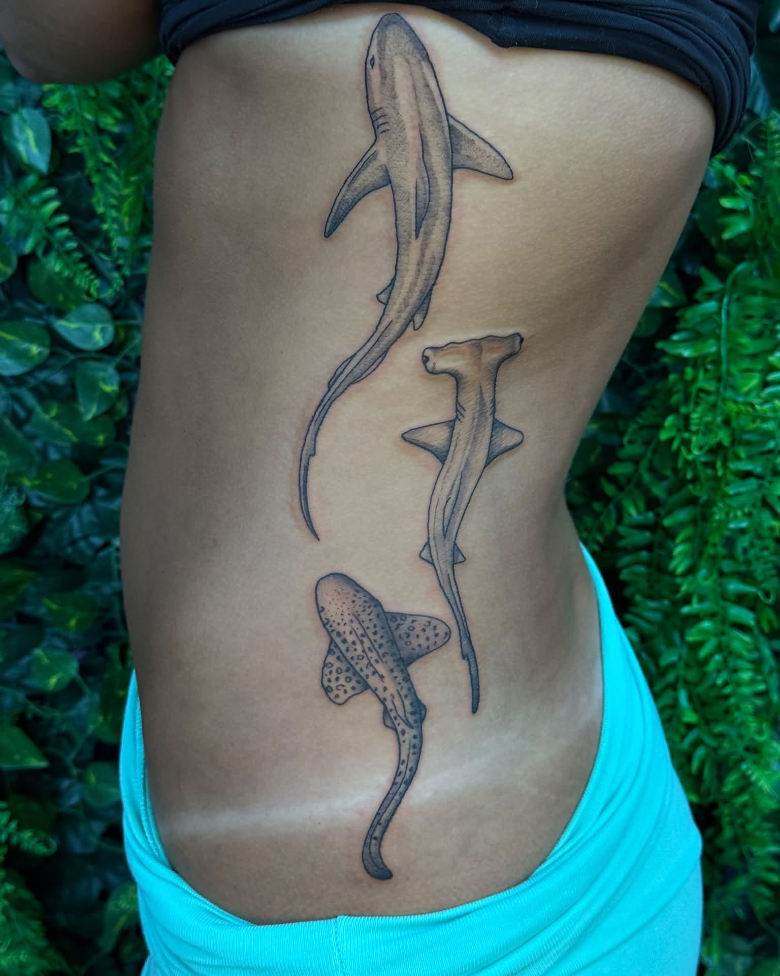 Sharks black and grey tattoo on the ribs by Sabrina