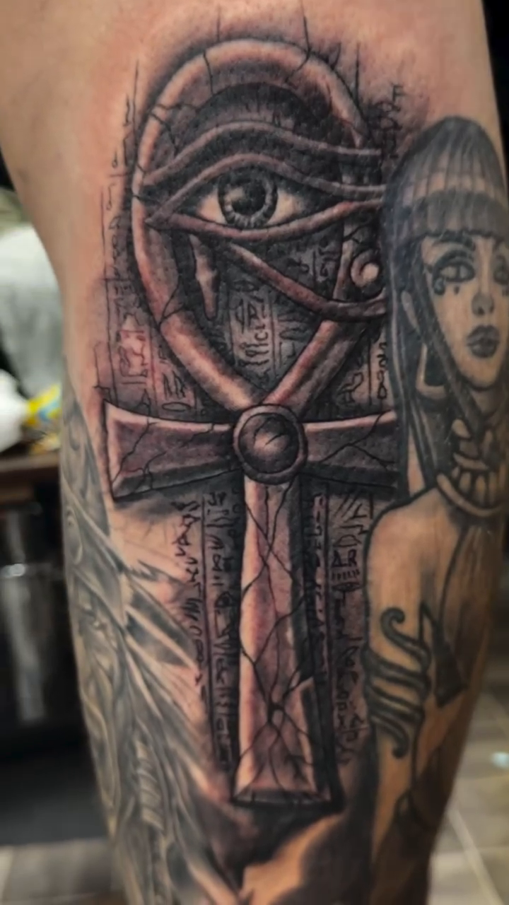Egyptian ankh with eye and pharaoh realism tattoo by Don Peddicord