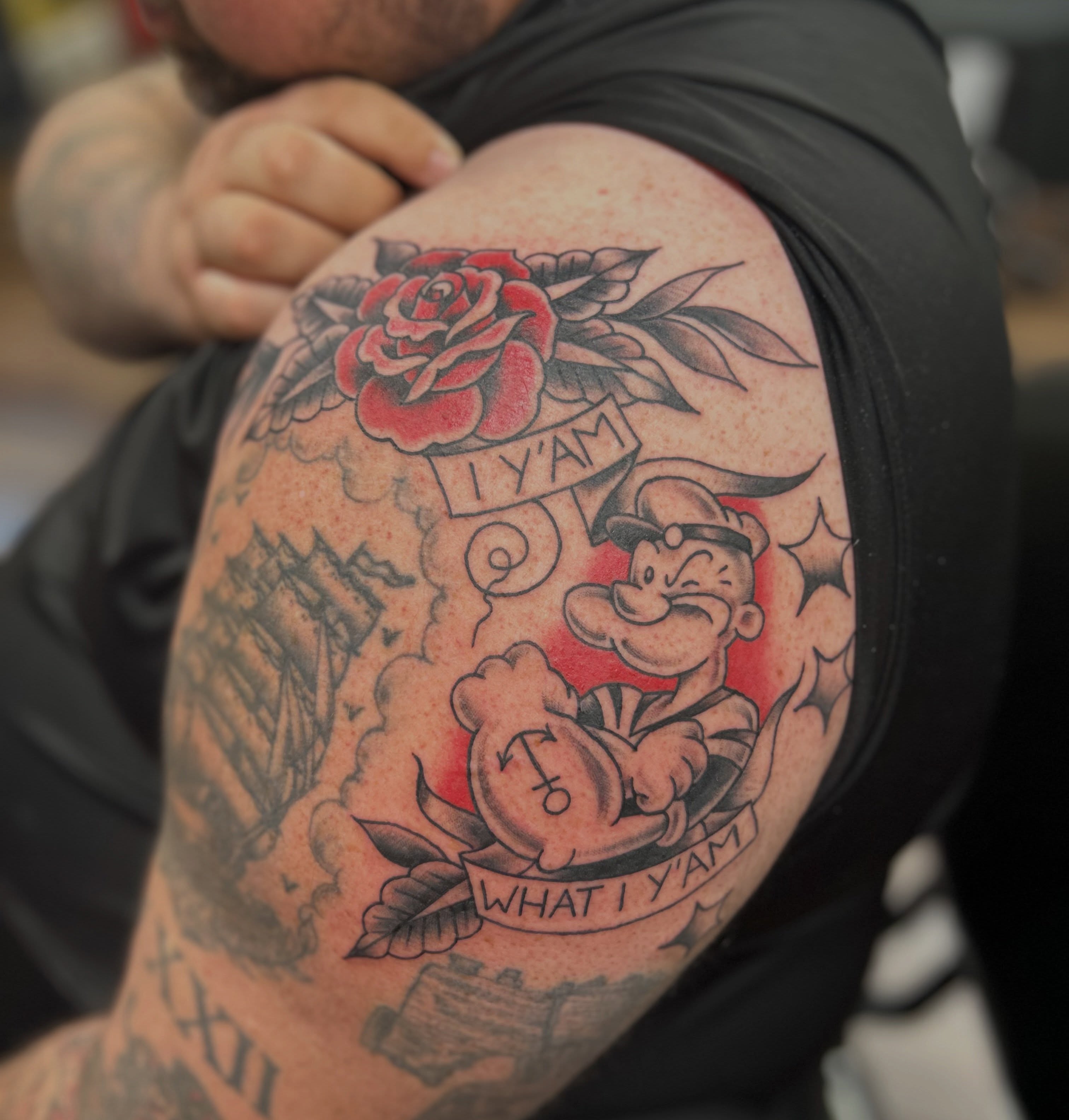 Popeye American traditional tattoo on the thigh by Patricia Cunningham