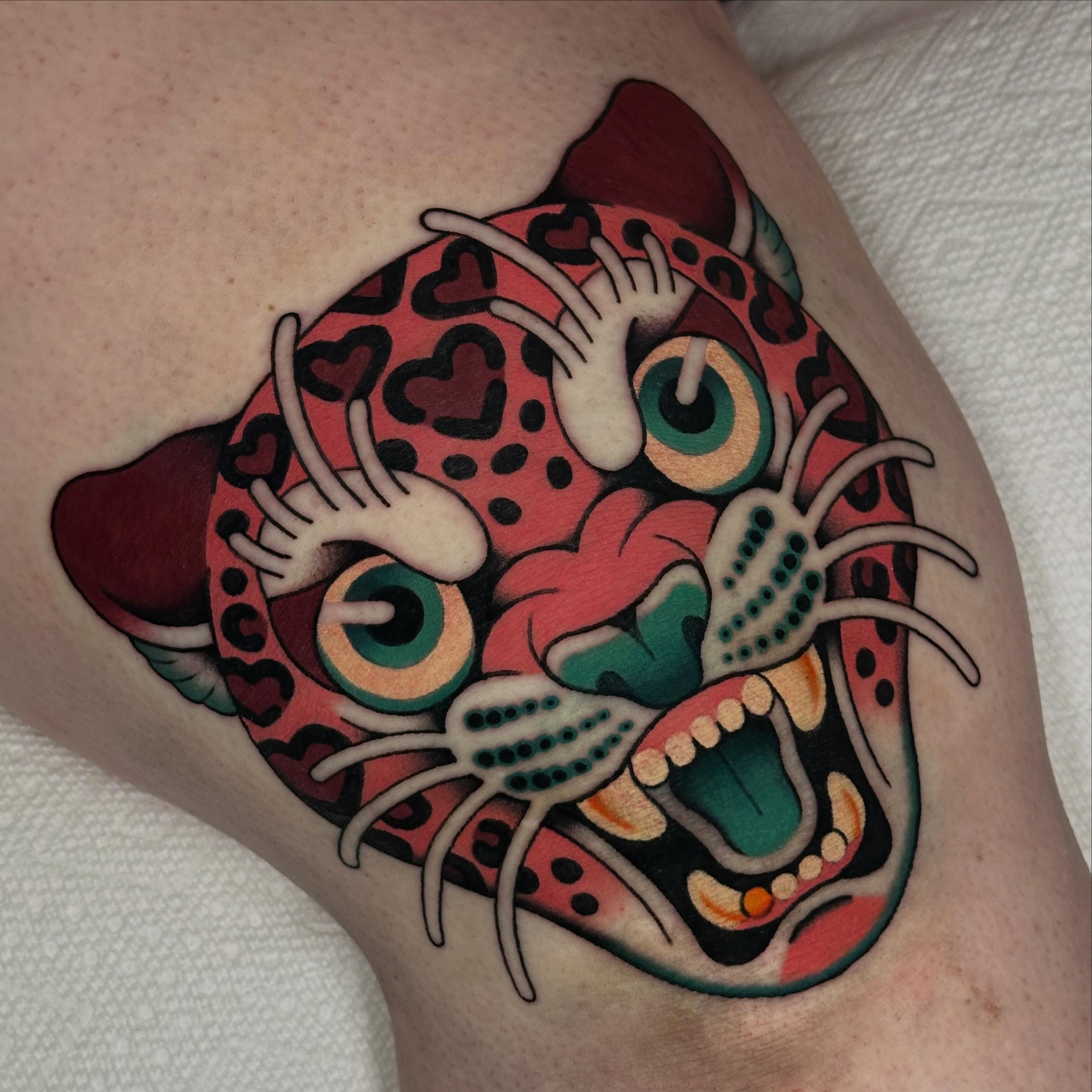 Jaguar American traditional tattoo on the thigh by π»πππππ πΉπππ