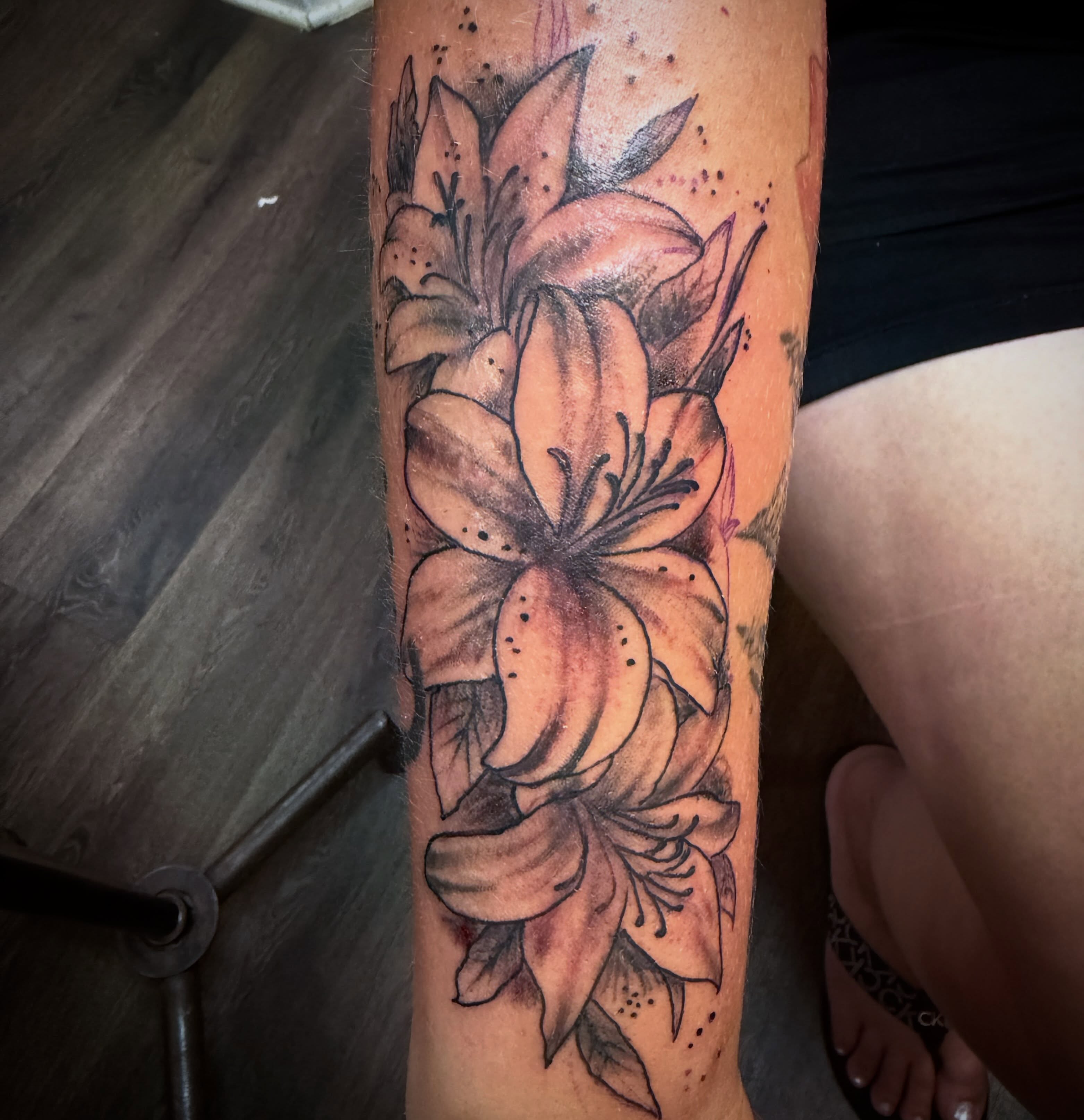 Lilies dotwork tattoo on the forearm by Davidsteeletattoos, Dallas, Texas