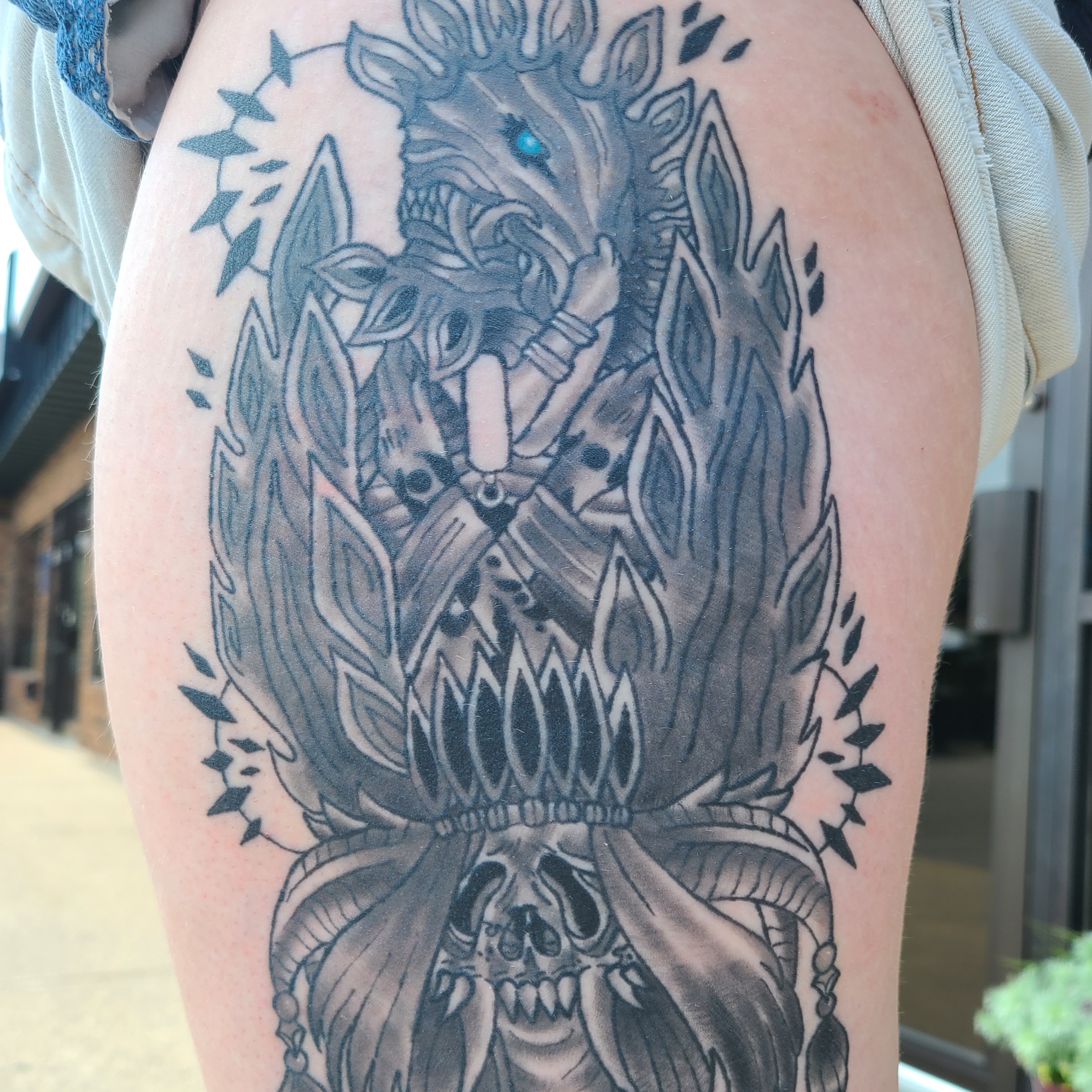 Mythical creature dark realism tattoo on the thigh by Christopher Anderson-arnesen