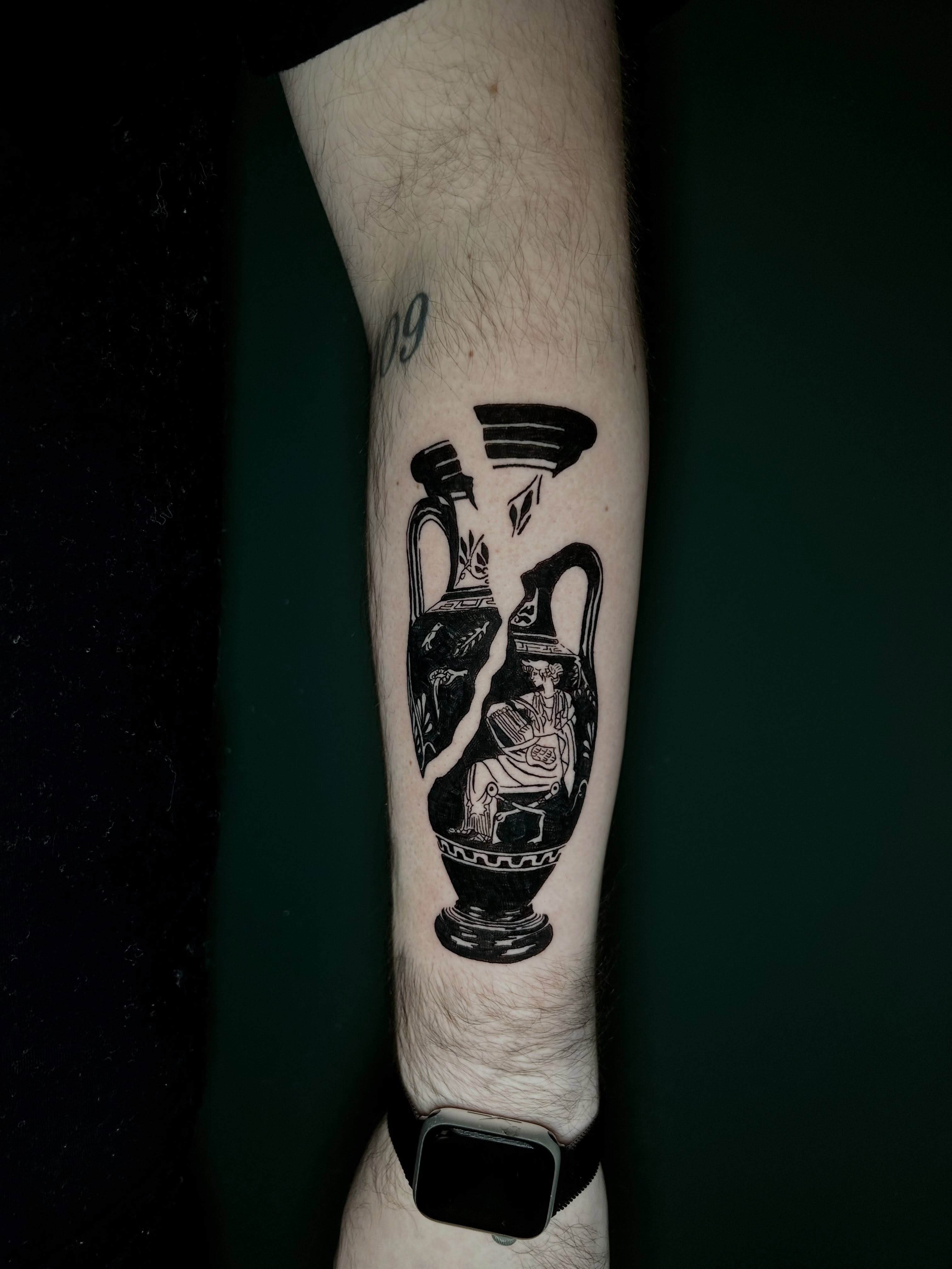 Ancient amphora black and grey tattoo on the forearm by KB