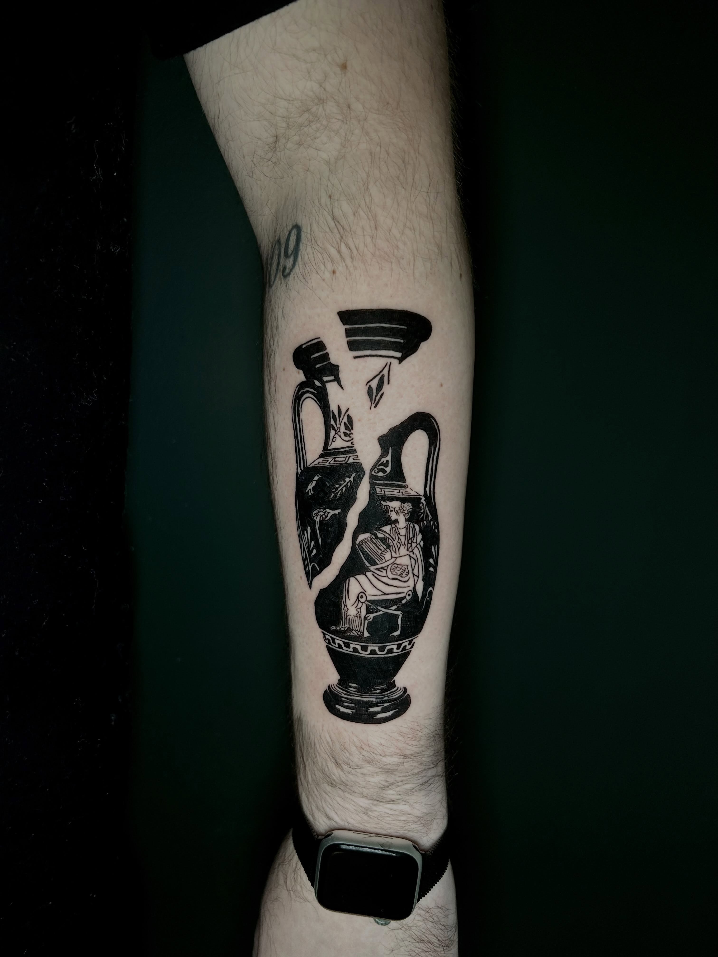 Ancient amphora black and grey tattoo on the forearm by KB