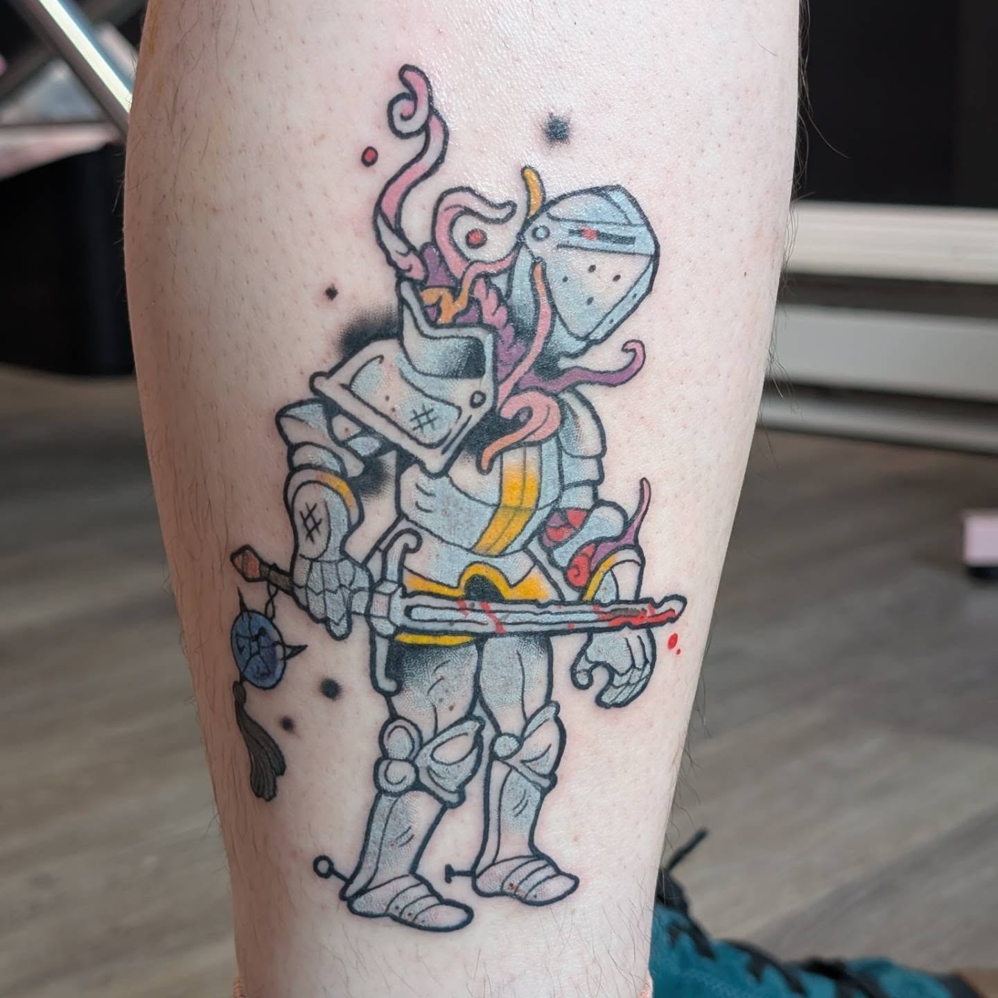 Knight with sword new school tattoo on the forearm by norn noszka