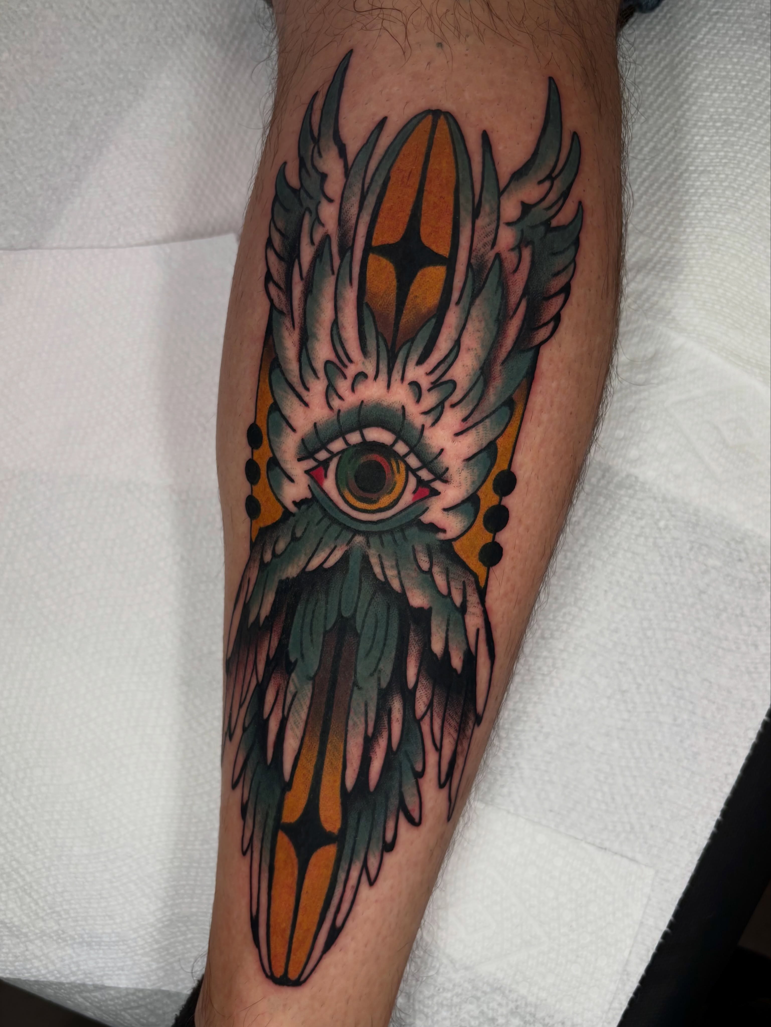 Eye with wings American traditional tattoo on the forearm by ericka bates