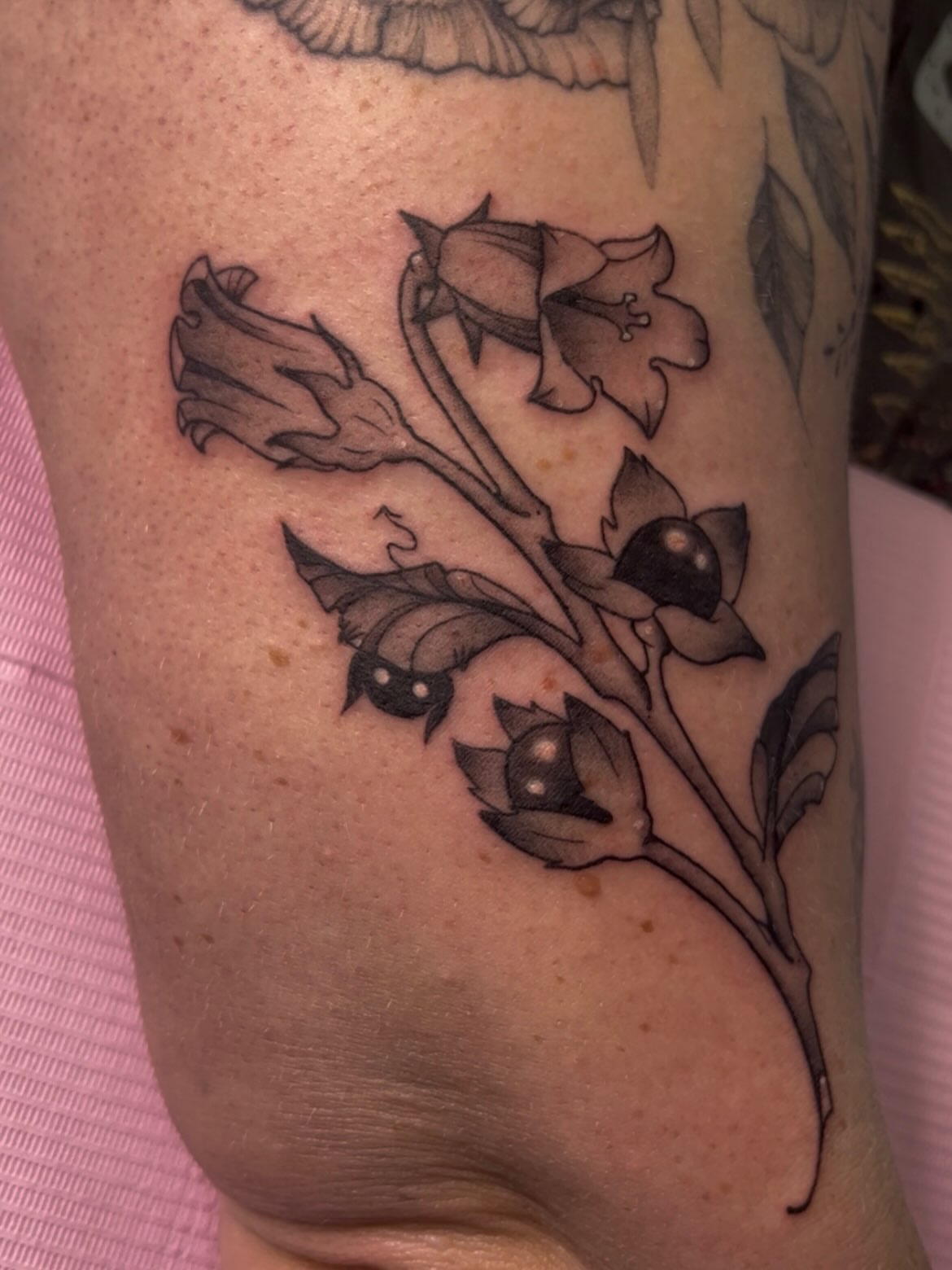Bell flowers black and grey tattoo on the forearm by Hannah Hahn