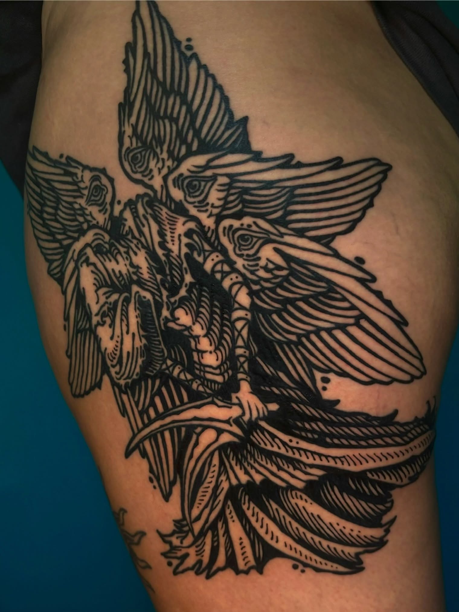 Wings and dragon black and grey tattoo on the thigh by 𝕵𝖊𝖗𝖊𝖒𝖞 𝕻𝖚𝖗𝖈𝖊𝖑𝖑