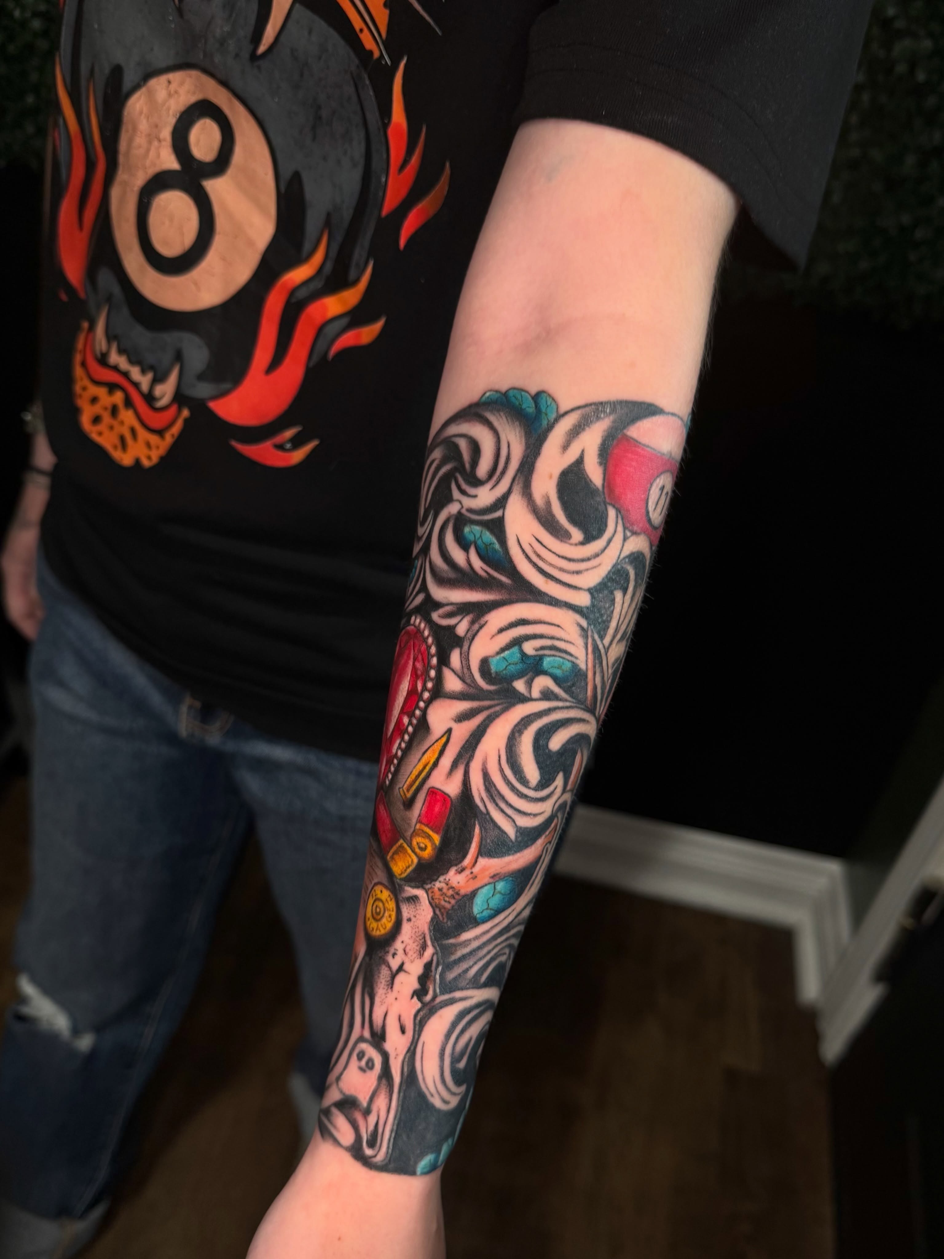 Billiards American traditional tattoo on the forearm by Breanna Werner