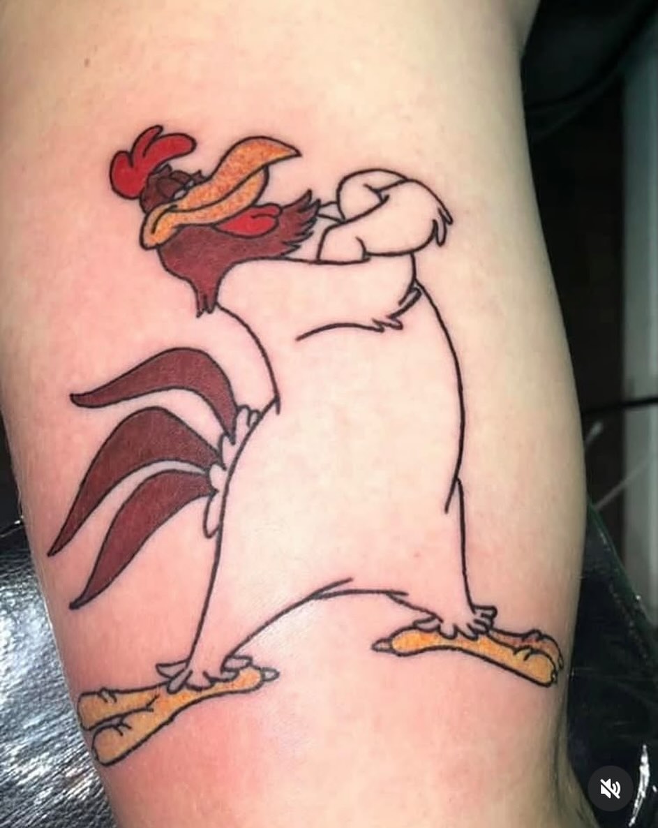 Rooster American traditional tattoo on the forearm by Bryant Johnson