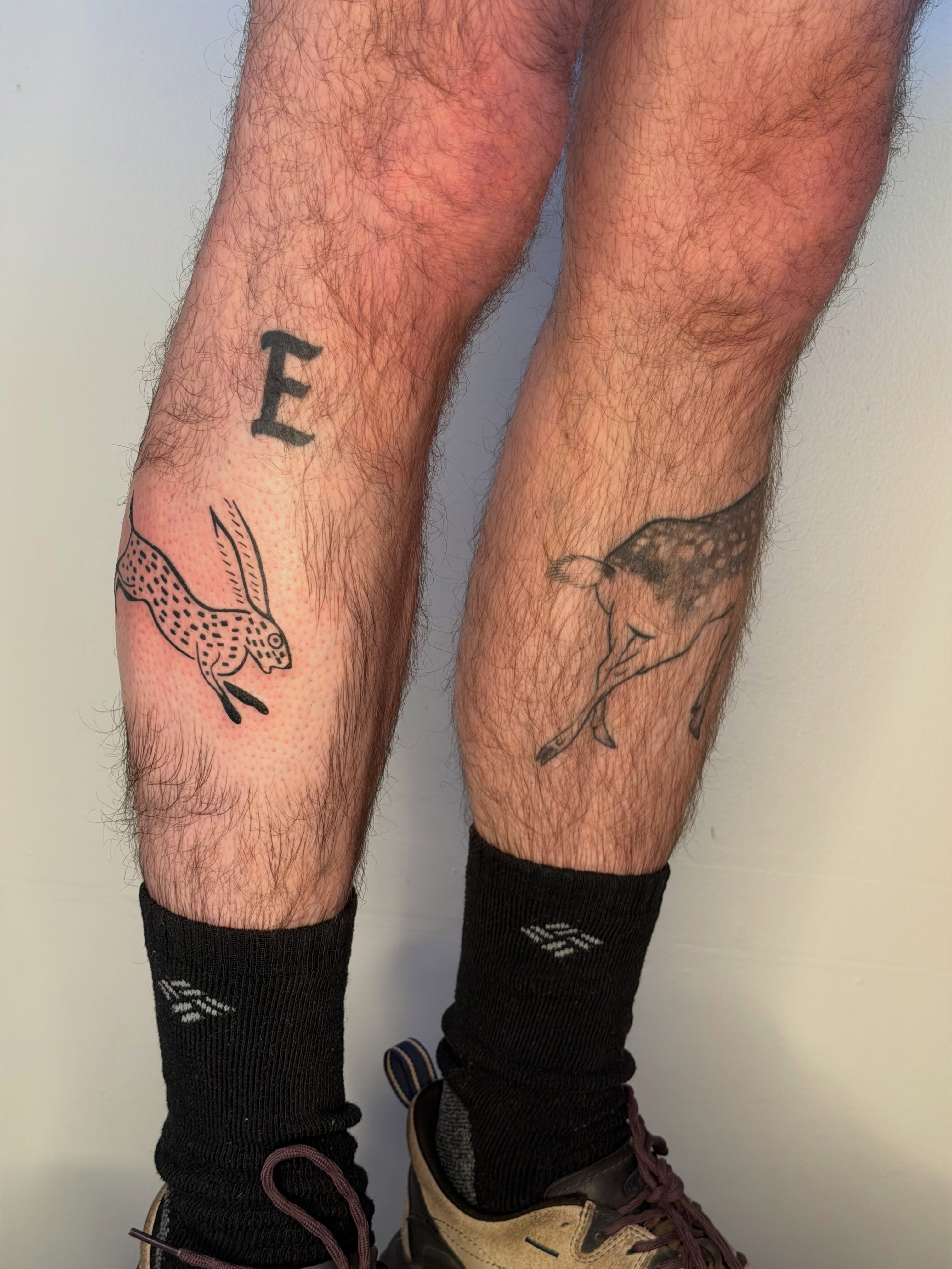 Rabbit black and grey tattoo on the leg by ♤ Catherine Stengel ♤