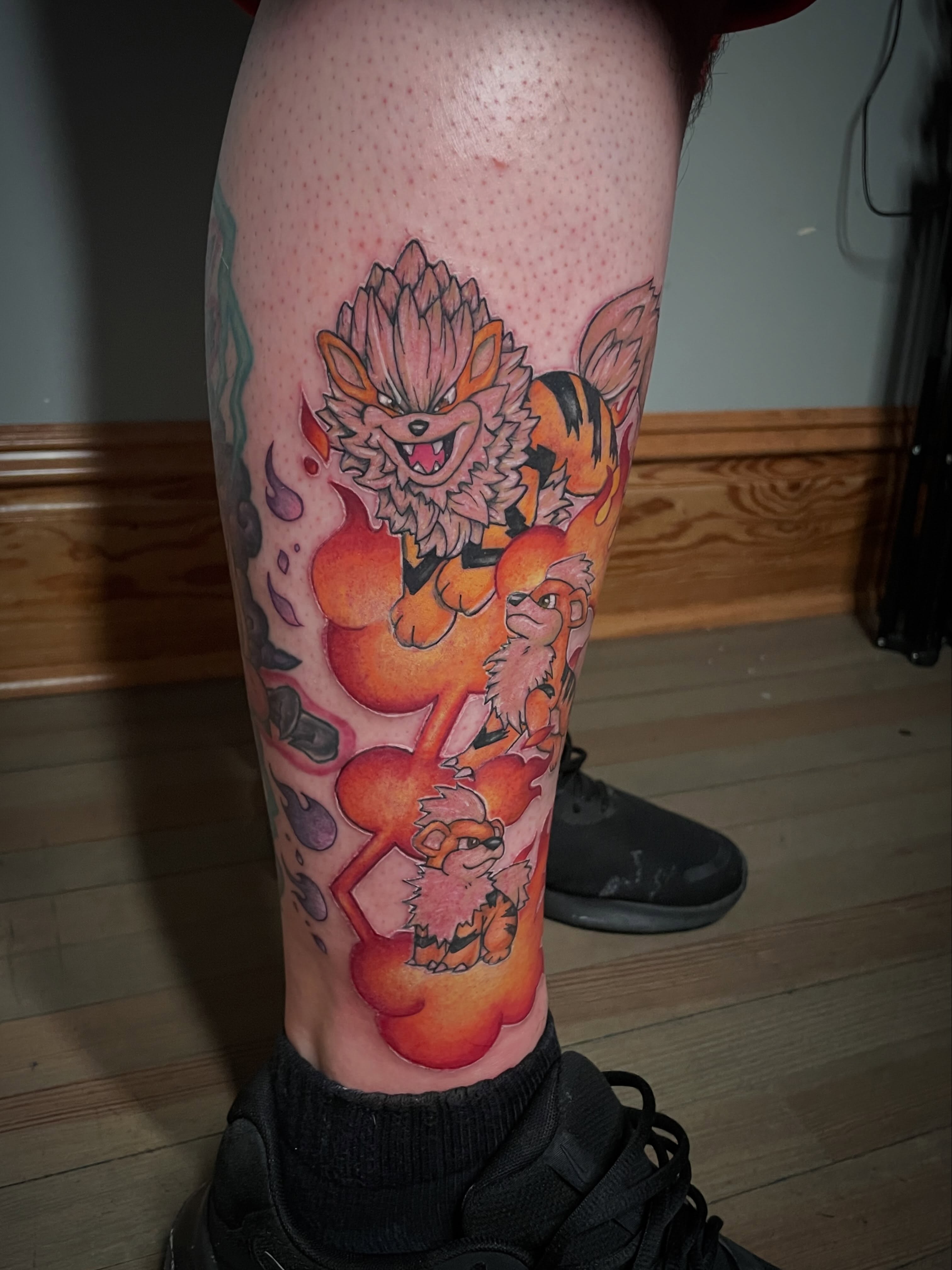 Animal characters dotwork tattoo on the leg by Hannah Copeskey