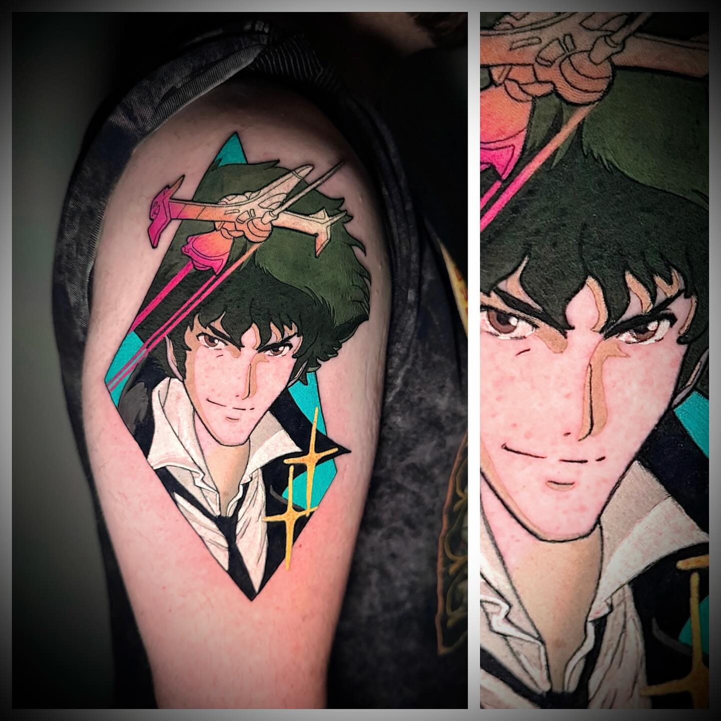 Anime character anime tattoo on the upper arm by Steve Hooker