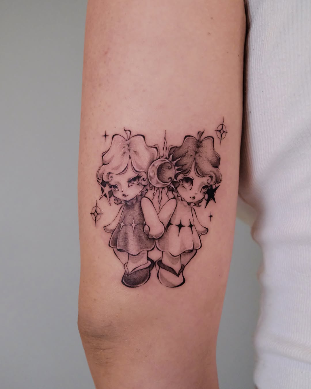 Twins black and grey tattoo on the forearm by ââŪ. Ý ðķðð―ððð âðĶđËâ seattle tattoo artist, Seattle, Washington