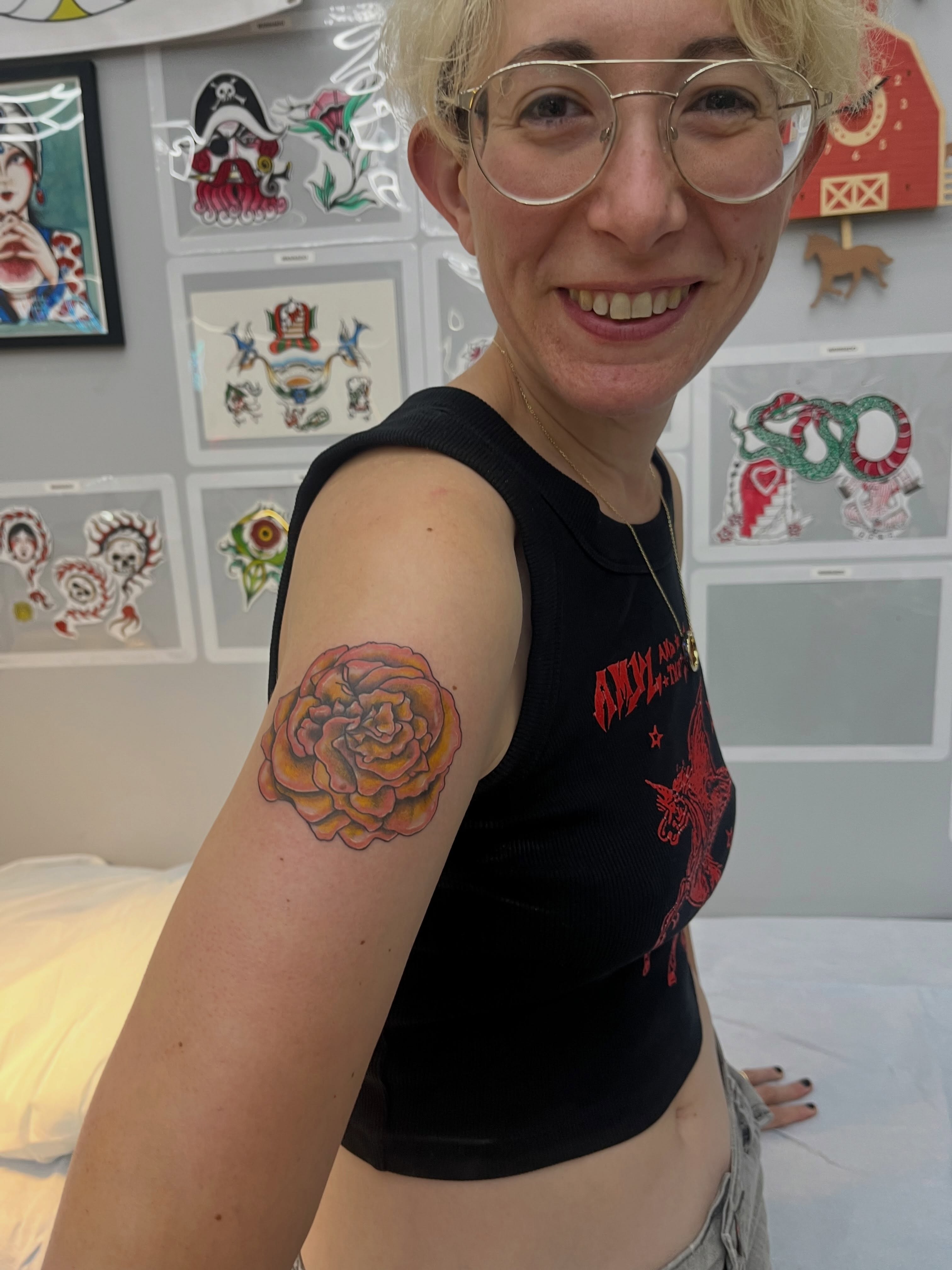 Peony realism tattoo on the upper arm by Sour Tattoo, Somerville, Massachusetts
