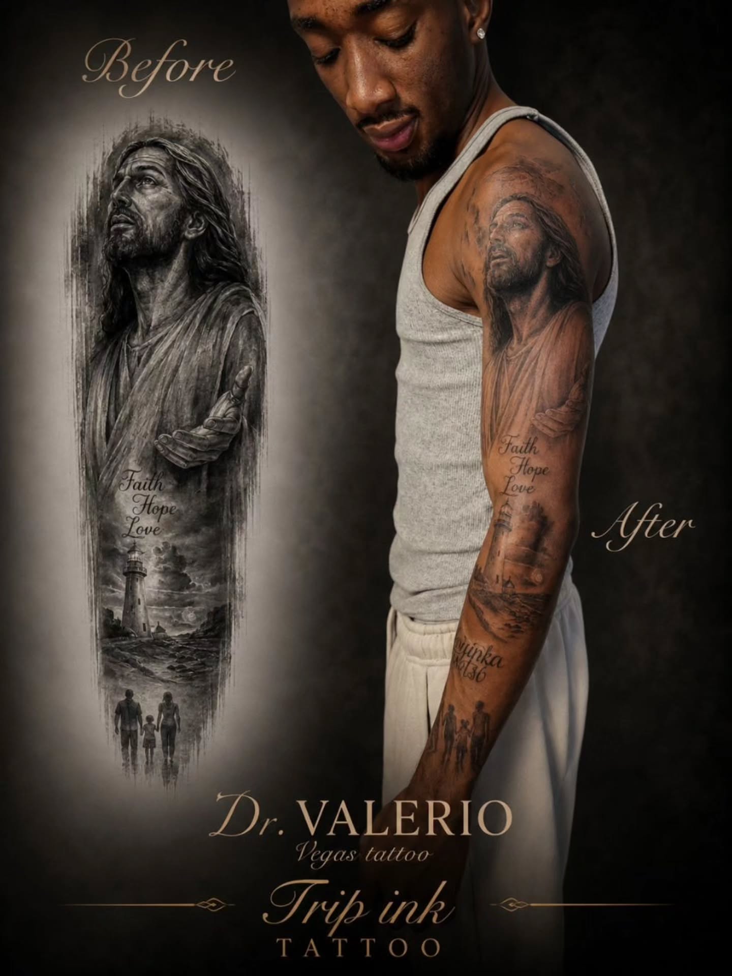 Religious figure realism tattoo on the forearm by Dr. Valerio Vegas Tattoo