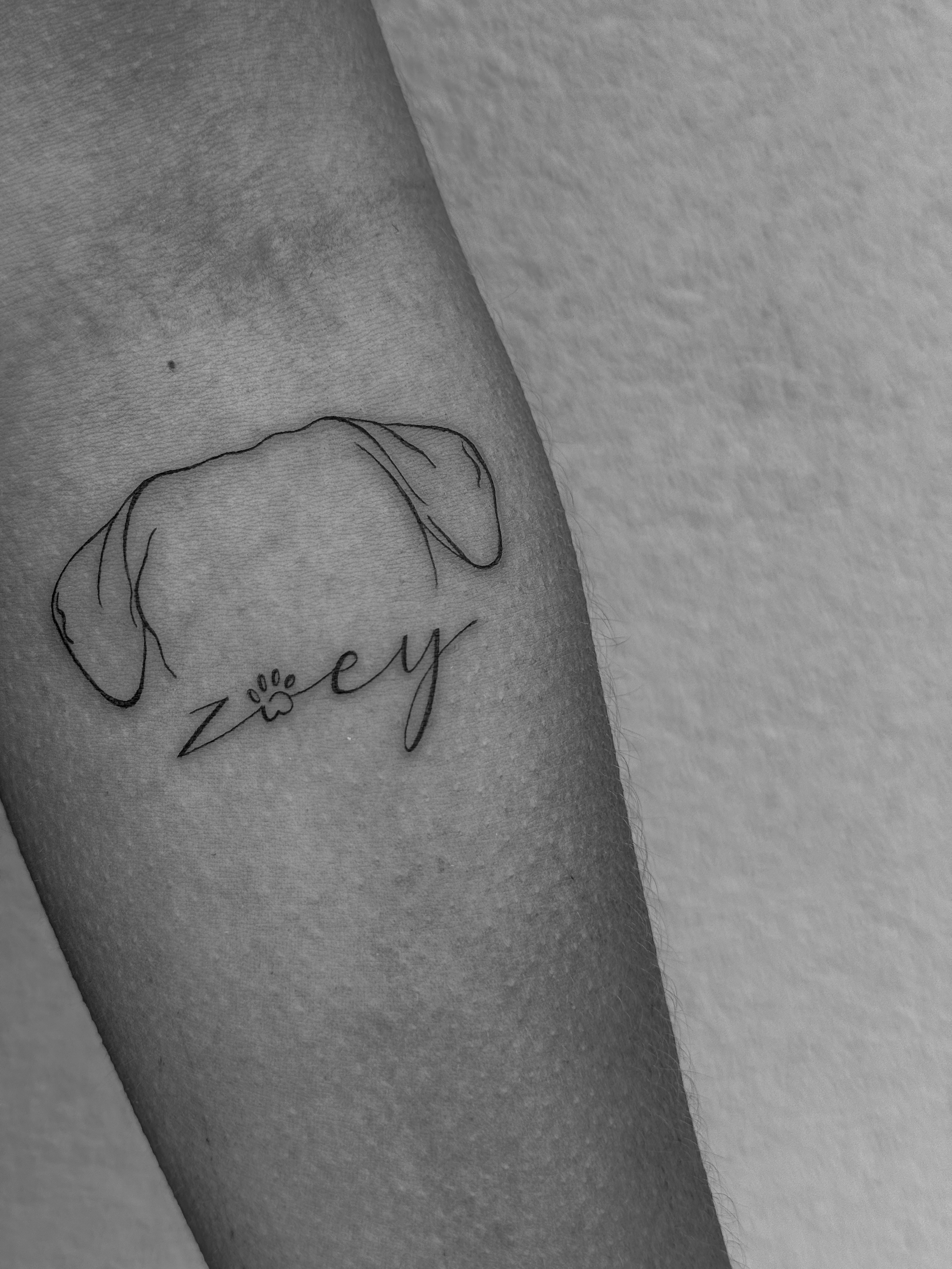 Dog silhouette with name fine line tattoo on the forearm by Abby Robinson