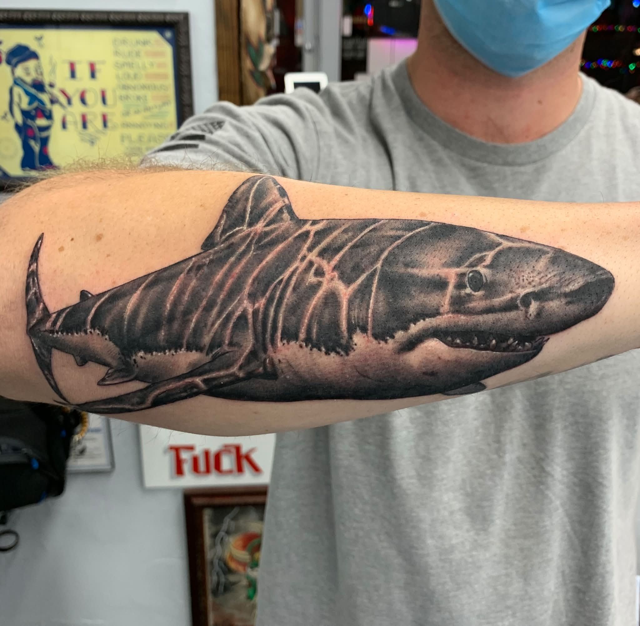 Great white shark realism tattoo on the forearm by Skott Kautman, Dubuque, Iowa