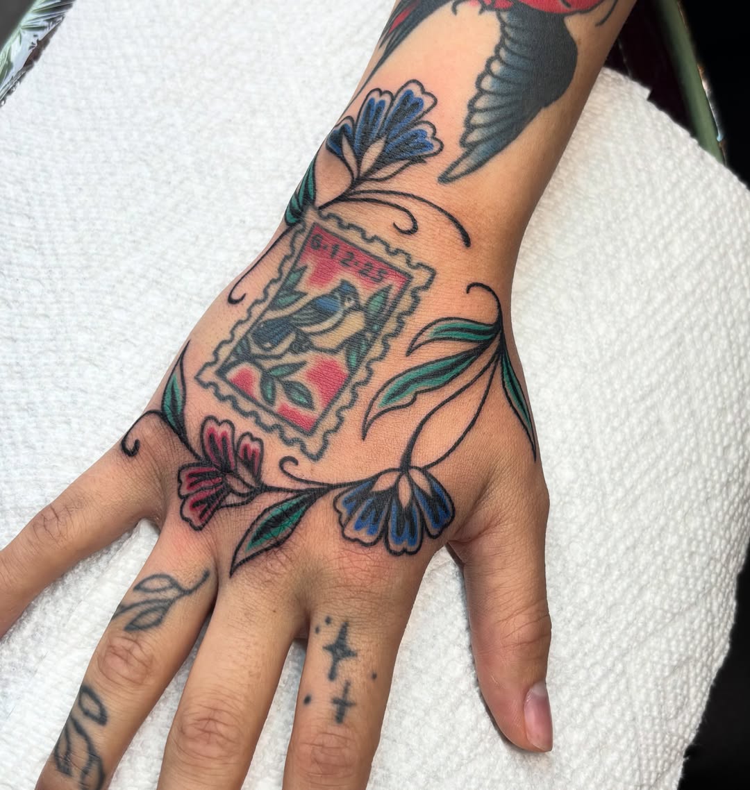 Postage stamp American traditional tattoo on the hand by ๐ฅ Jas ๐ฅ