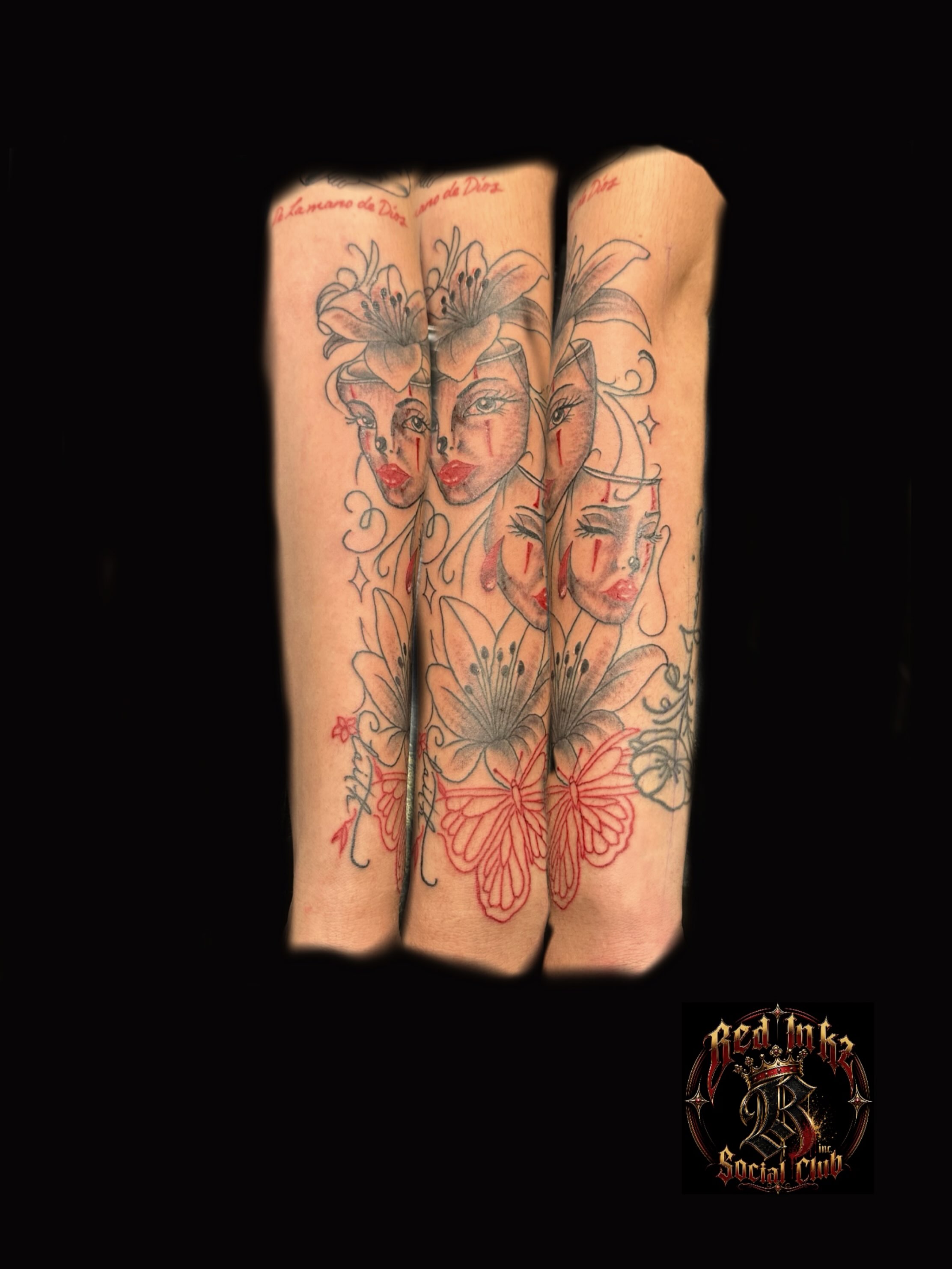 Floral faces American traditional tattoo on the forearm by Red (Owner), Brooklyn, New York