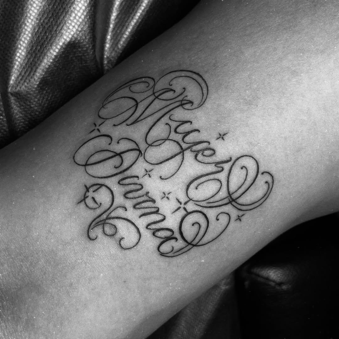 Script lettering lettering script tattoo on the forearm by christina diaz