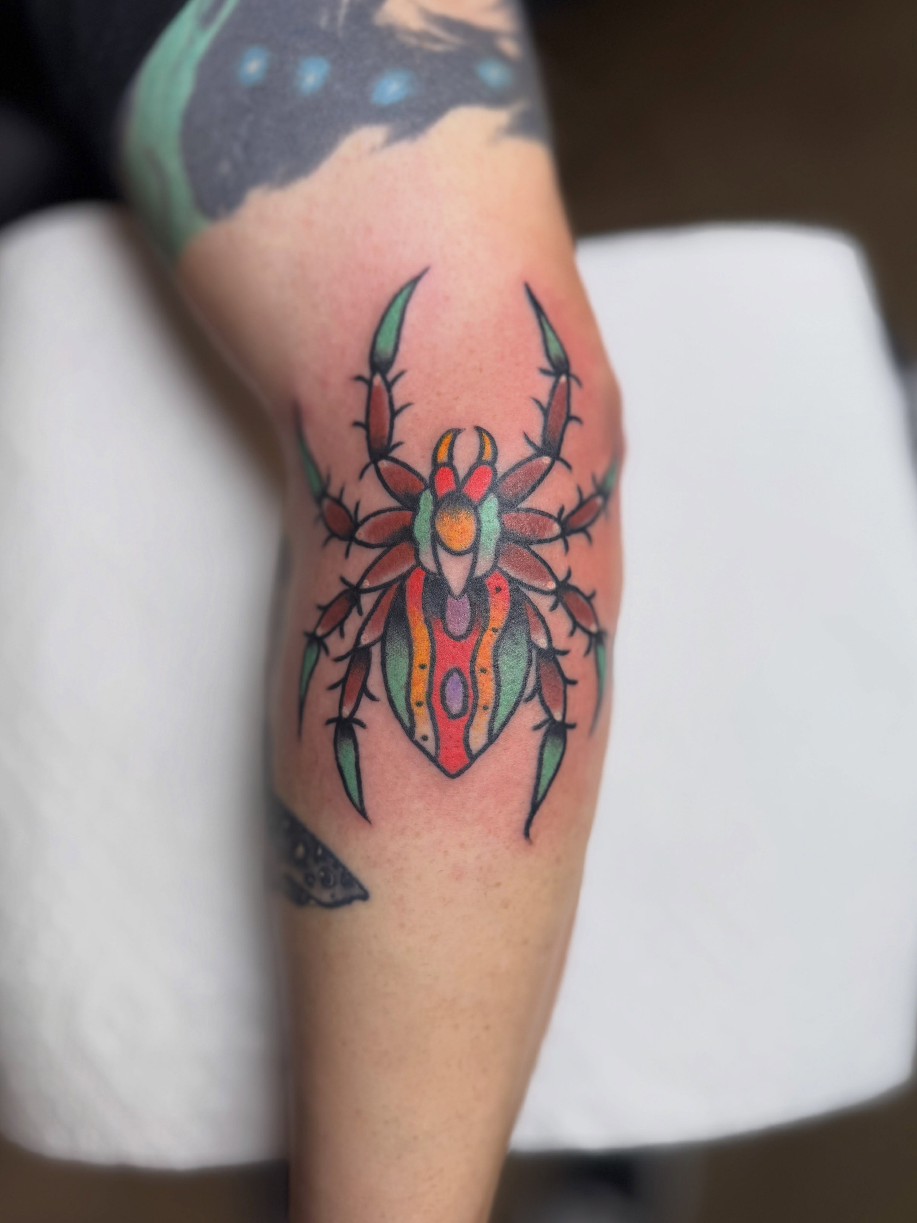 Spider American traditional tattoo on the forearm by Dave Kruseman