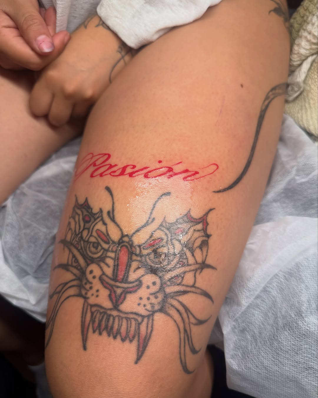 Cat American traditional tattoo on the thigh by nova ♡ˎˊ˗ tattoo apprentice
