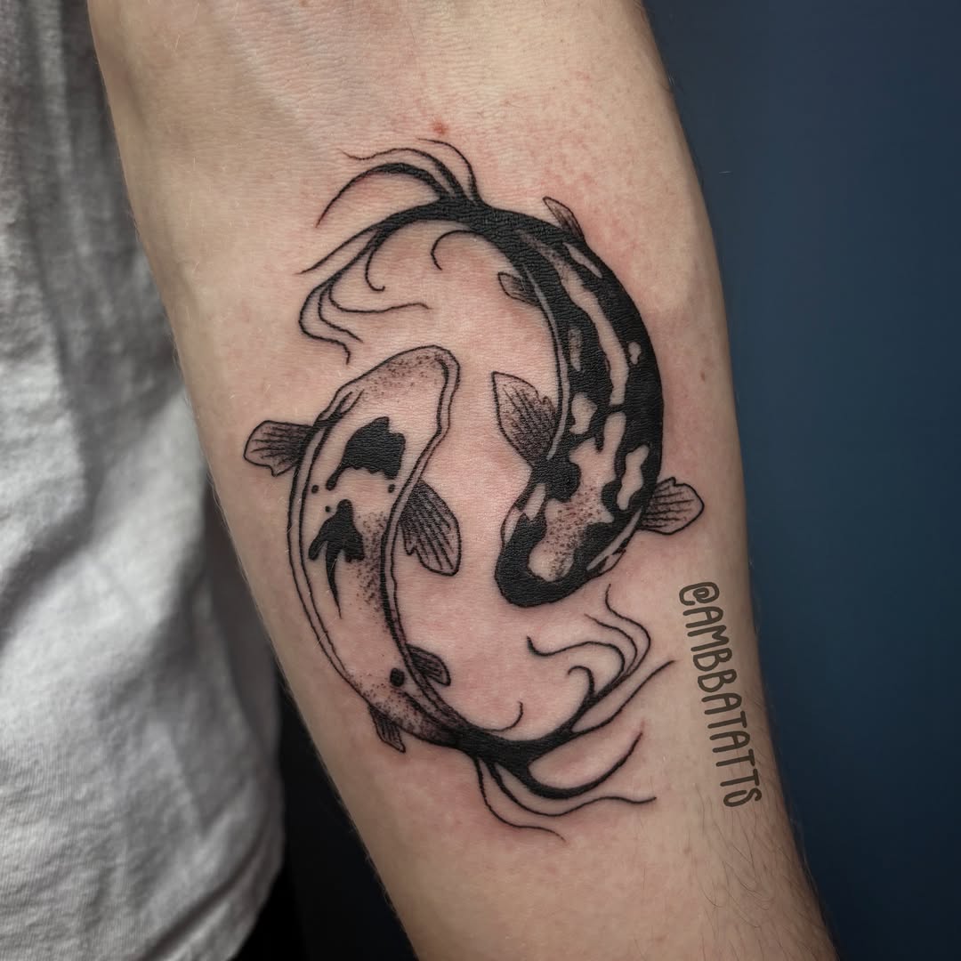 Koi fish dotwork tattoo on the forearm by amber brady, Brunswick, Ohio