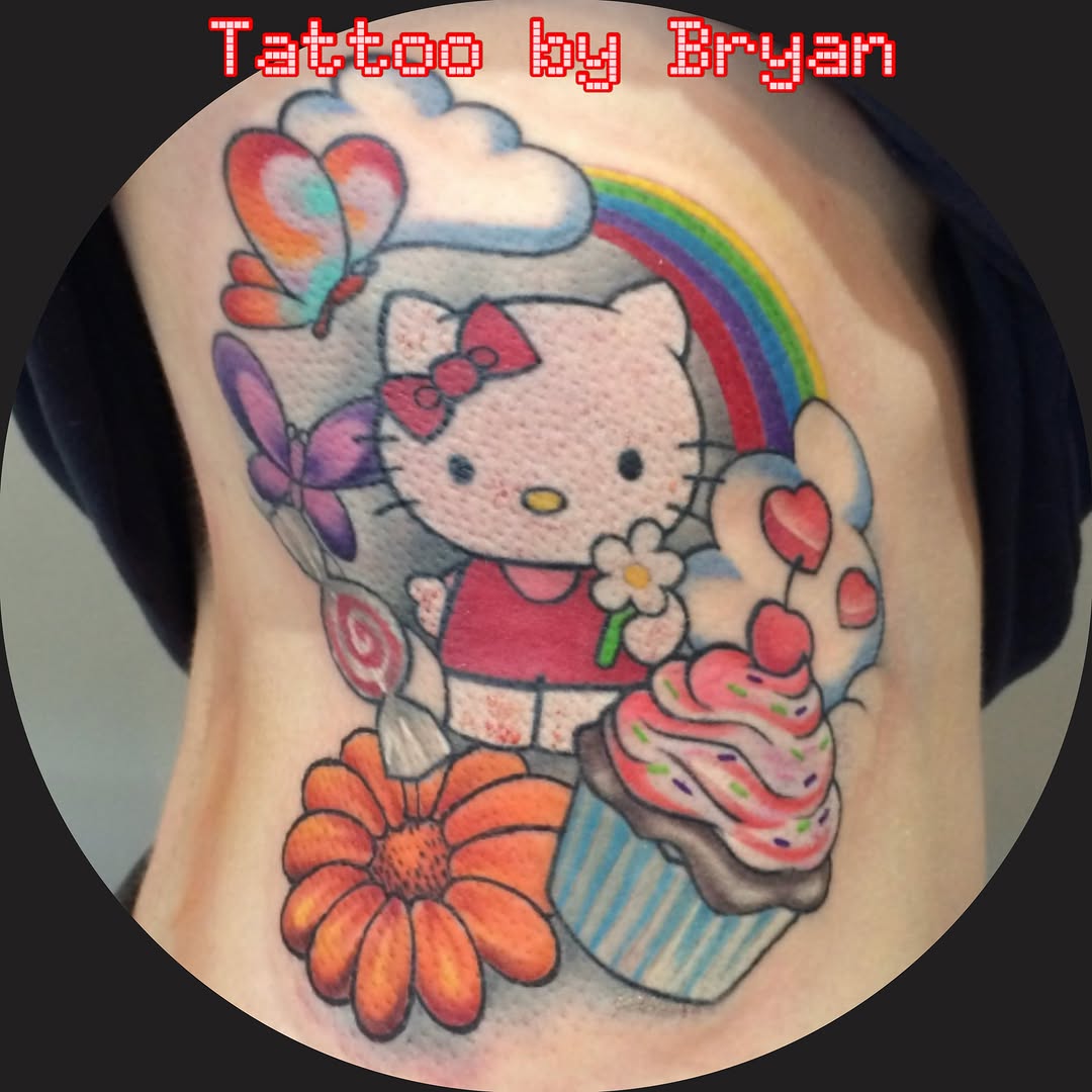 Hello Kitty new school tattoo by Bryan Hunt