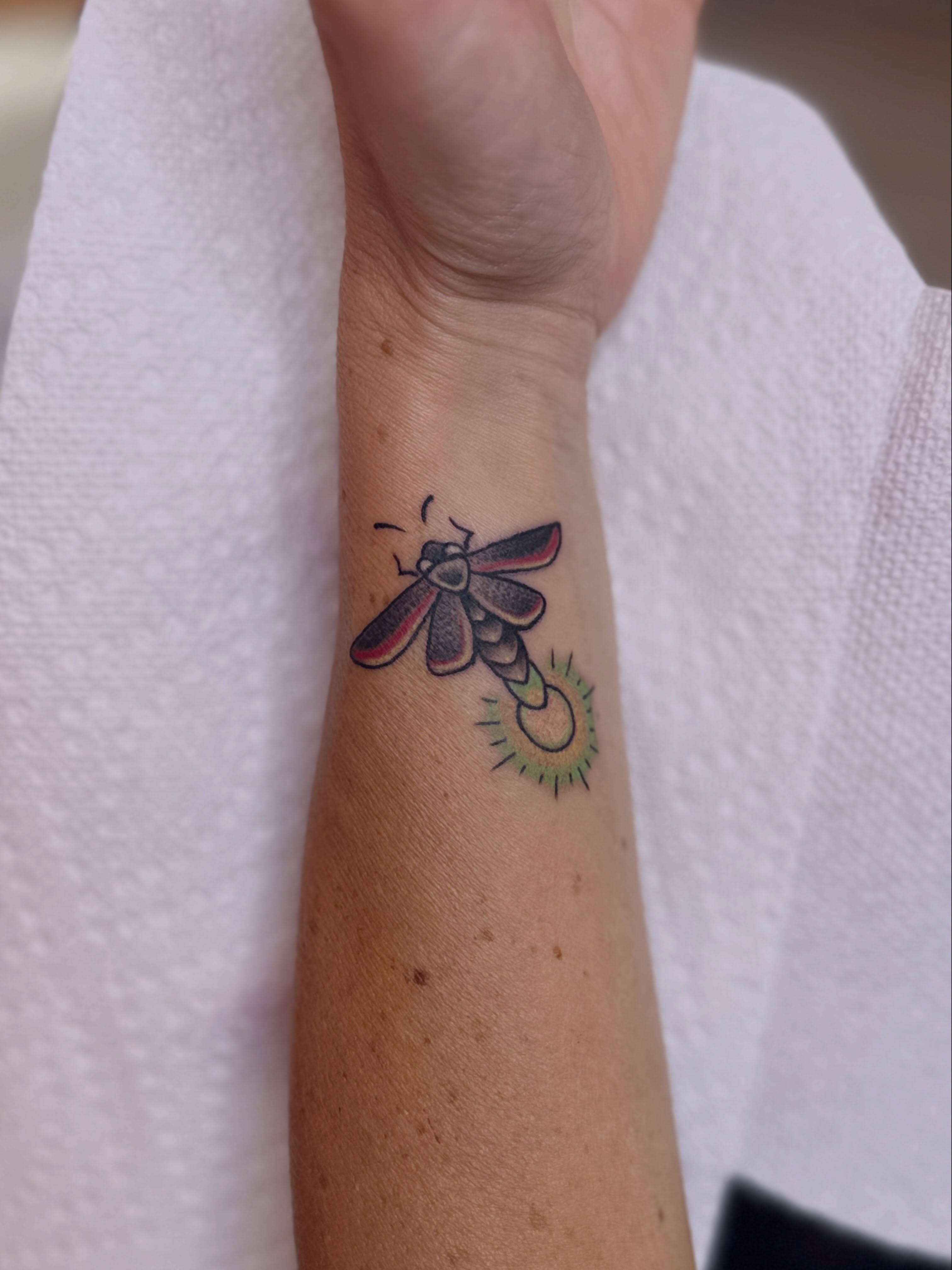Moth new school tattoo on the forearm by Dani Di Pietrantonio