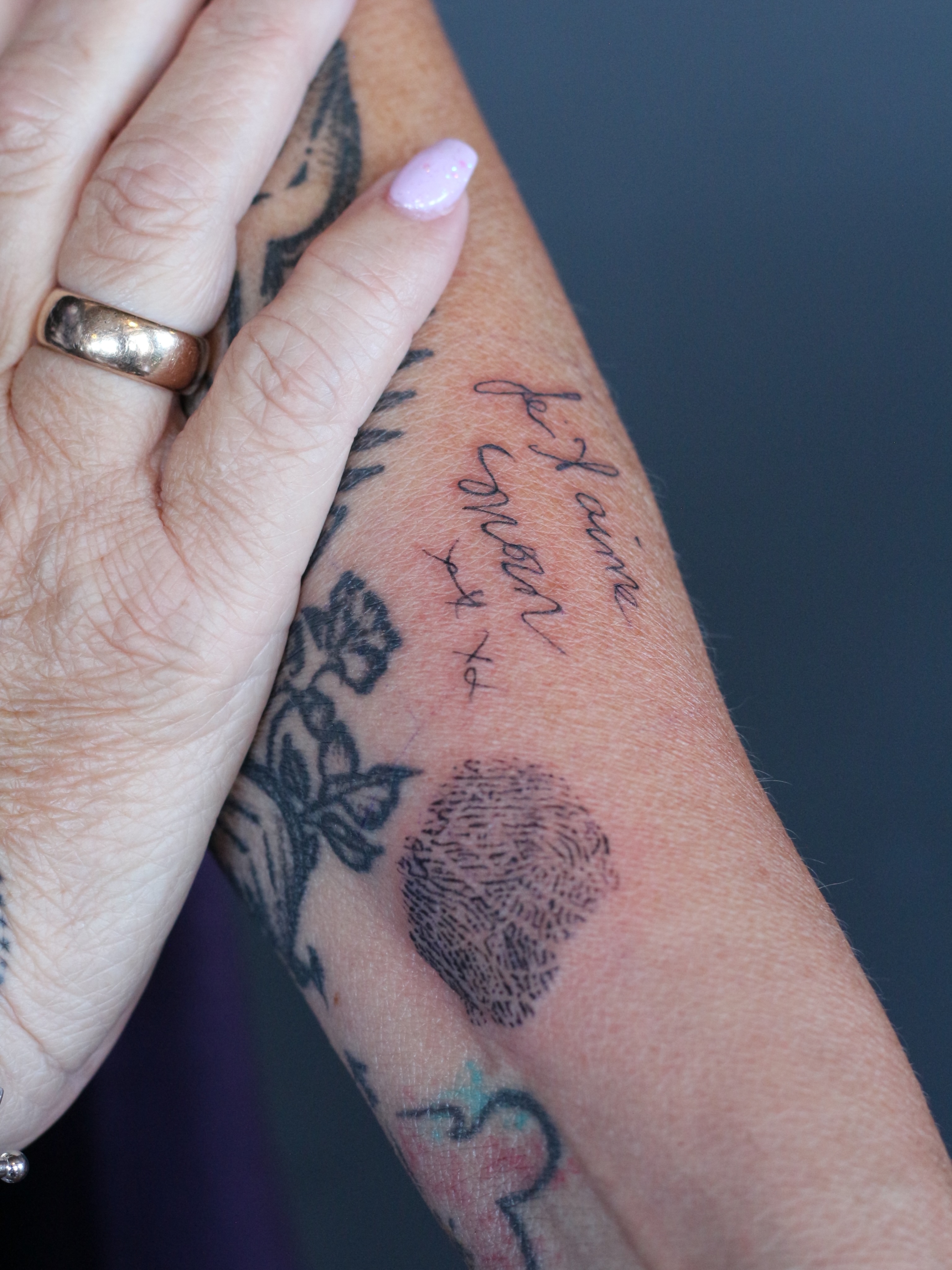 Fingerprint dotwork tattoo on the forearm by Stephany Victorine