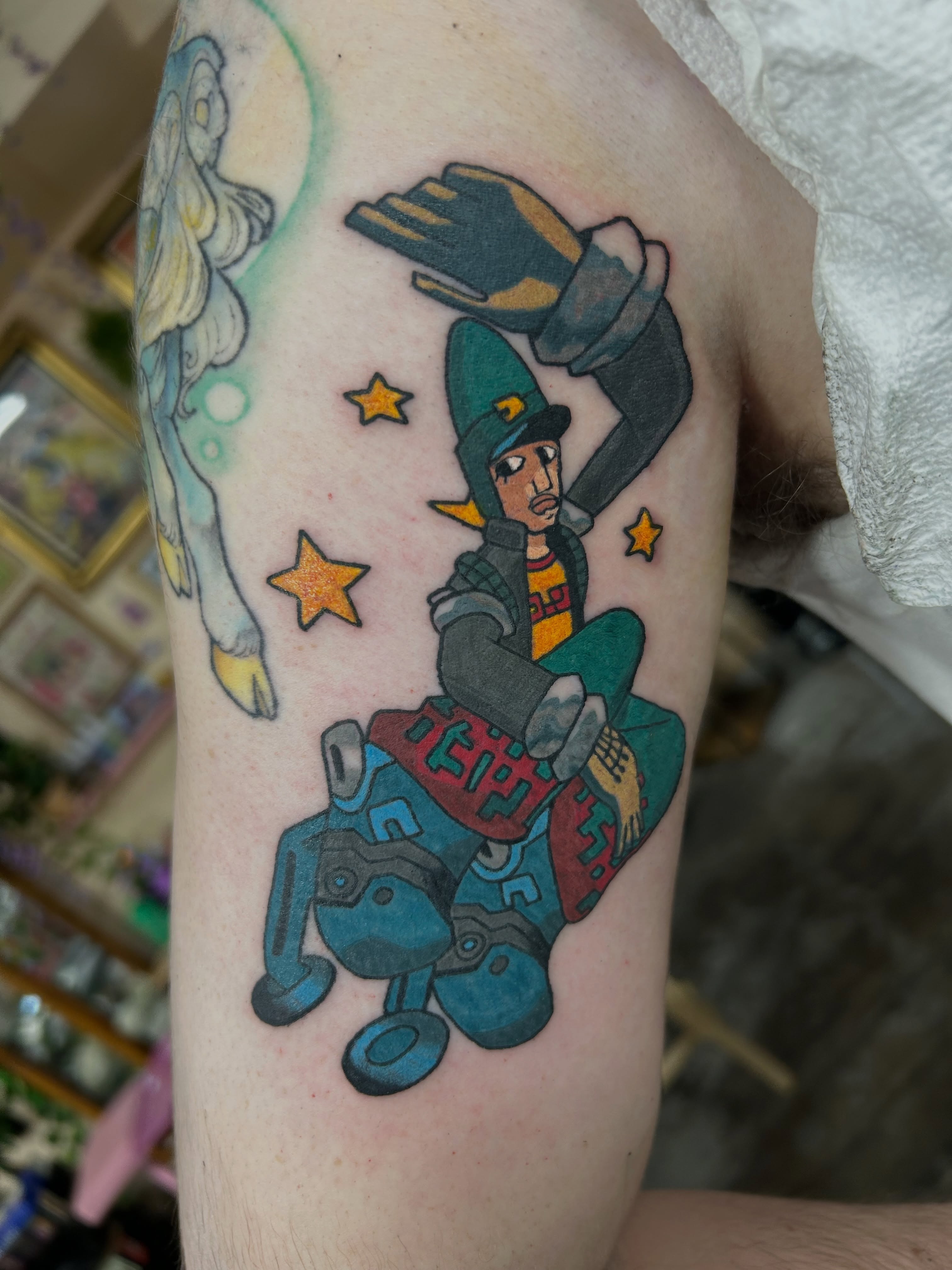 Wizard riding robot new school tattoo on the forearm by Ollie
