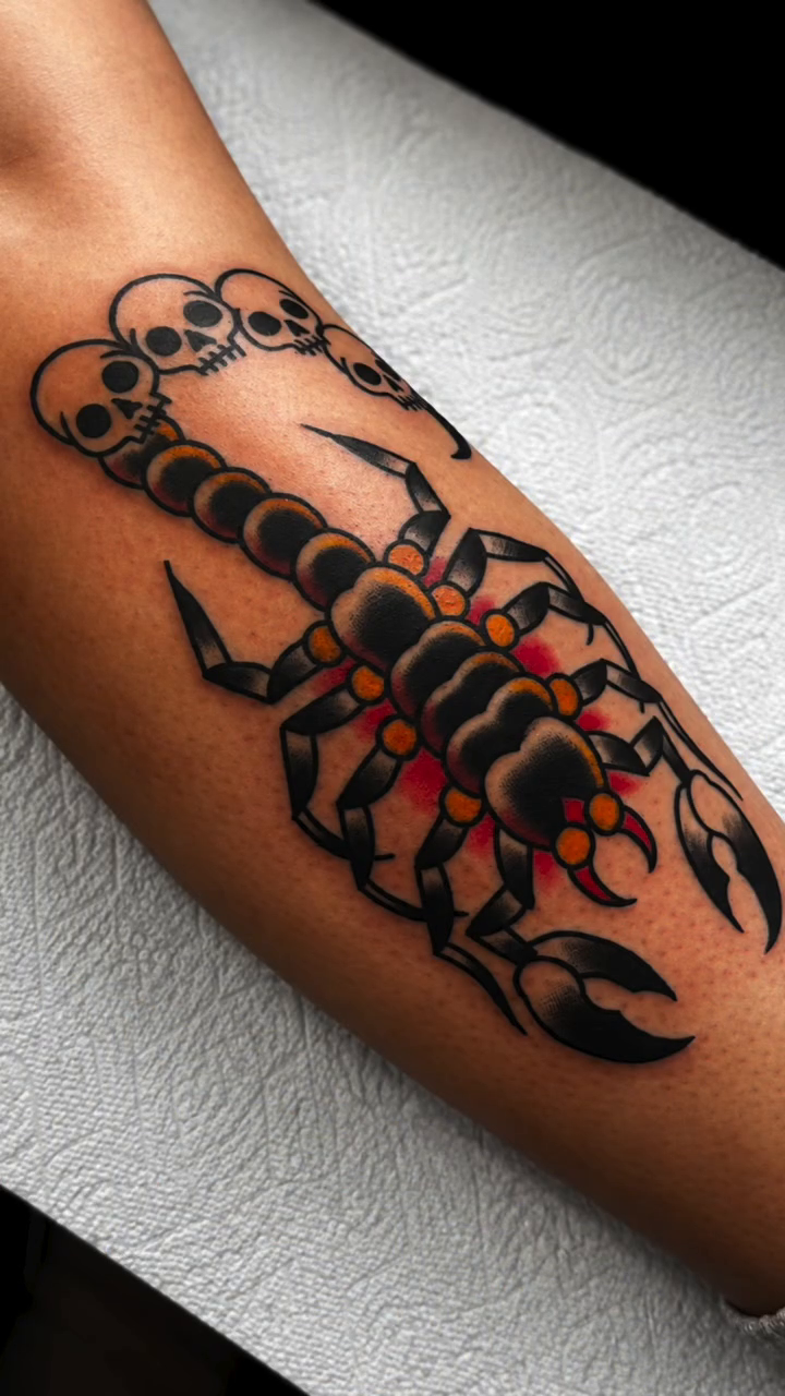 Scorpion with skulls American traditional tattoo by Todd Showdown