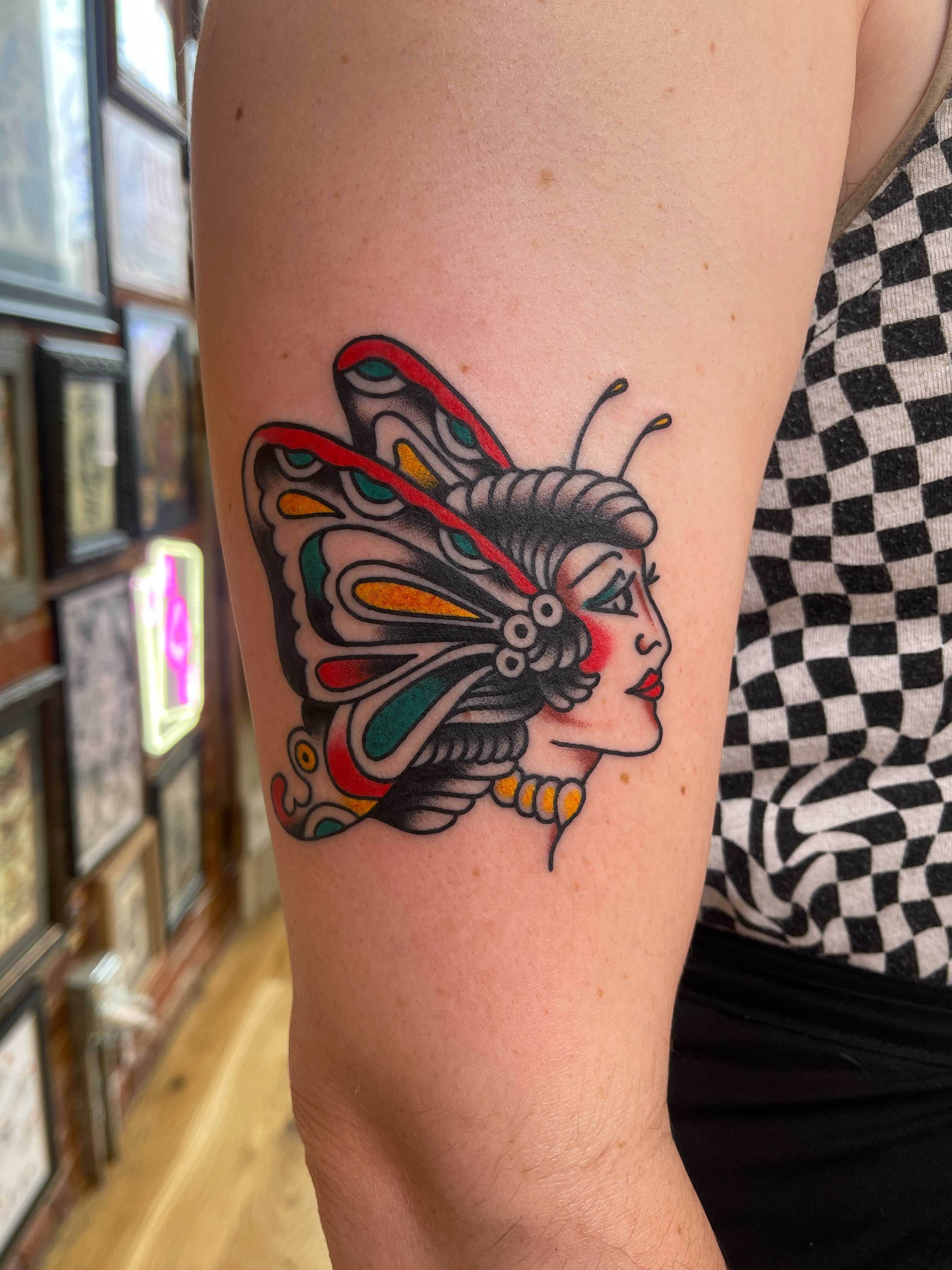 Butterfly woman American traditional tattoo on the forearm by Spencer Reisbeck