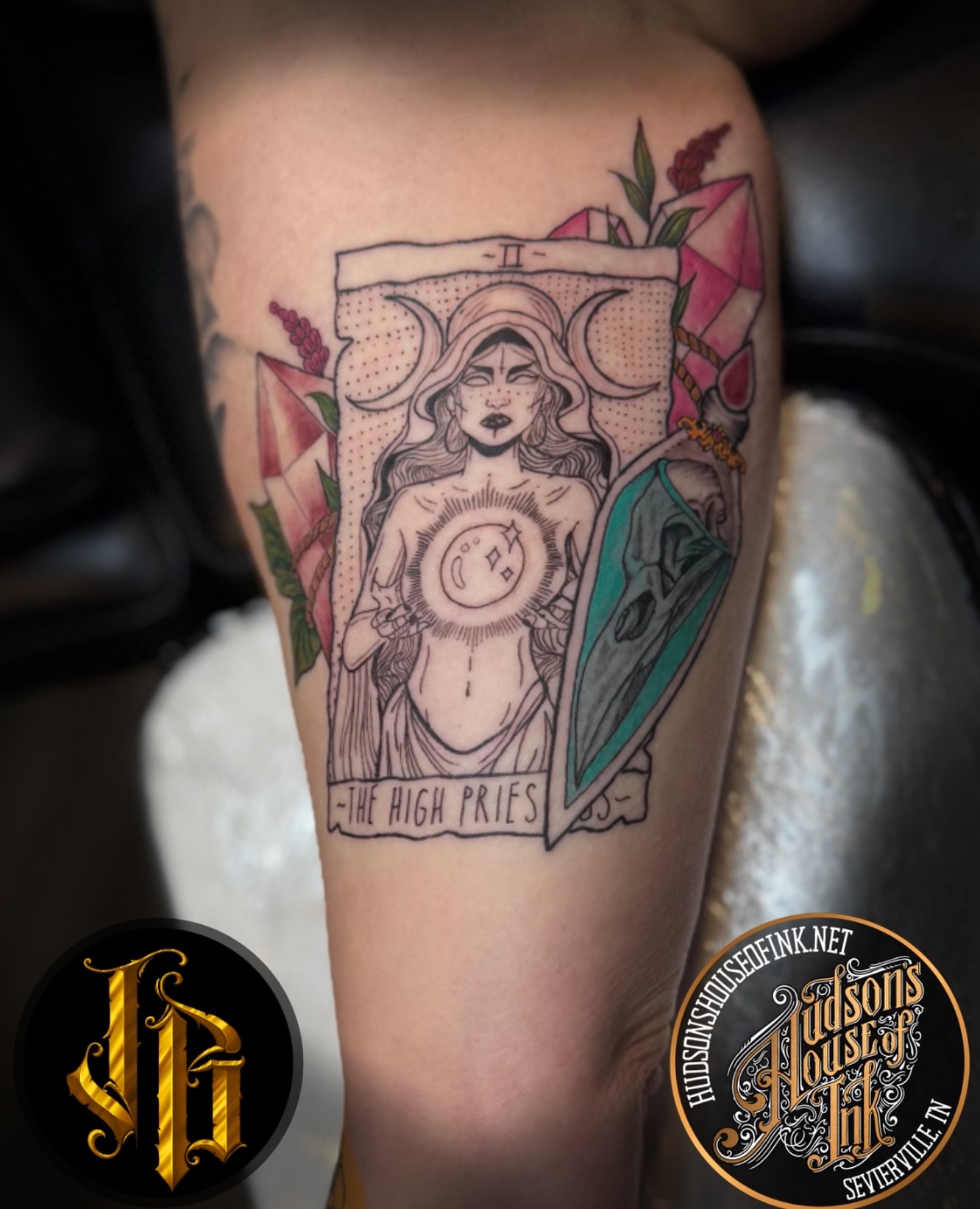The high priestess tarot card dotwork tattoo on the forearm by James Brooks