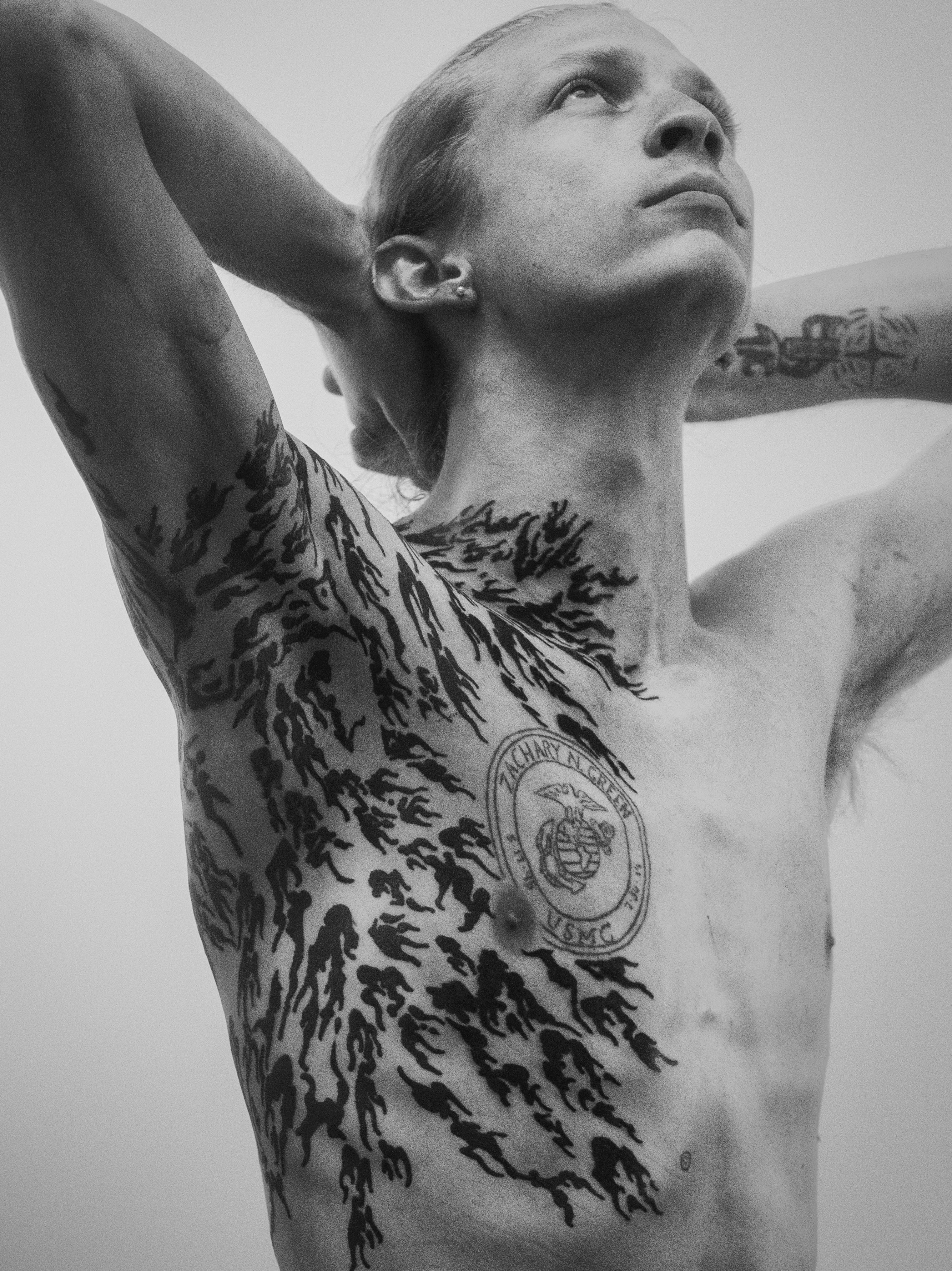 Tree black and grey tattoo on the chest by Josaline Green