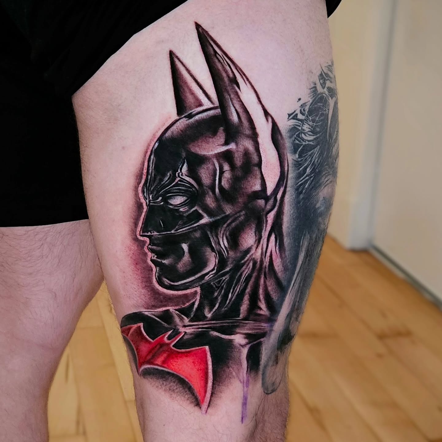 Batman dark realism tattoo on the thigh by Justin J-rust Smith
