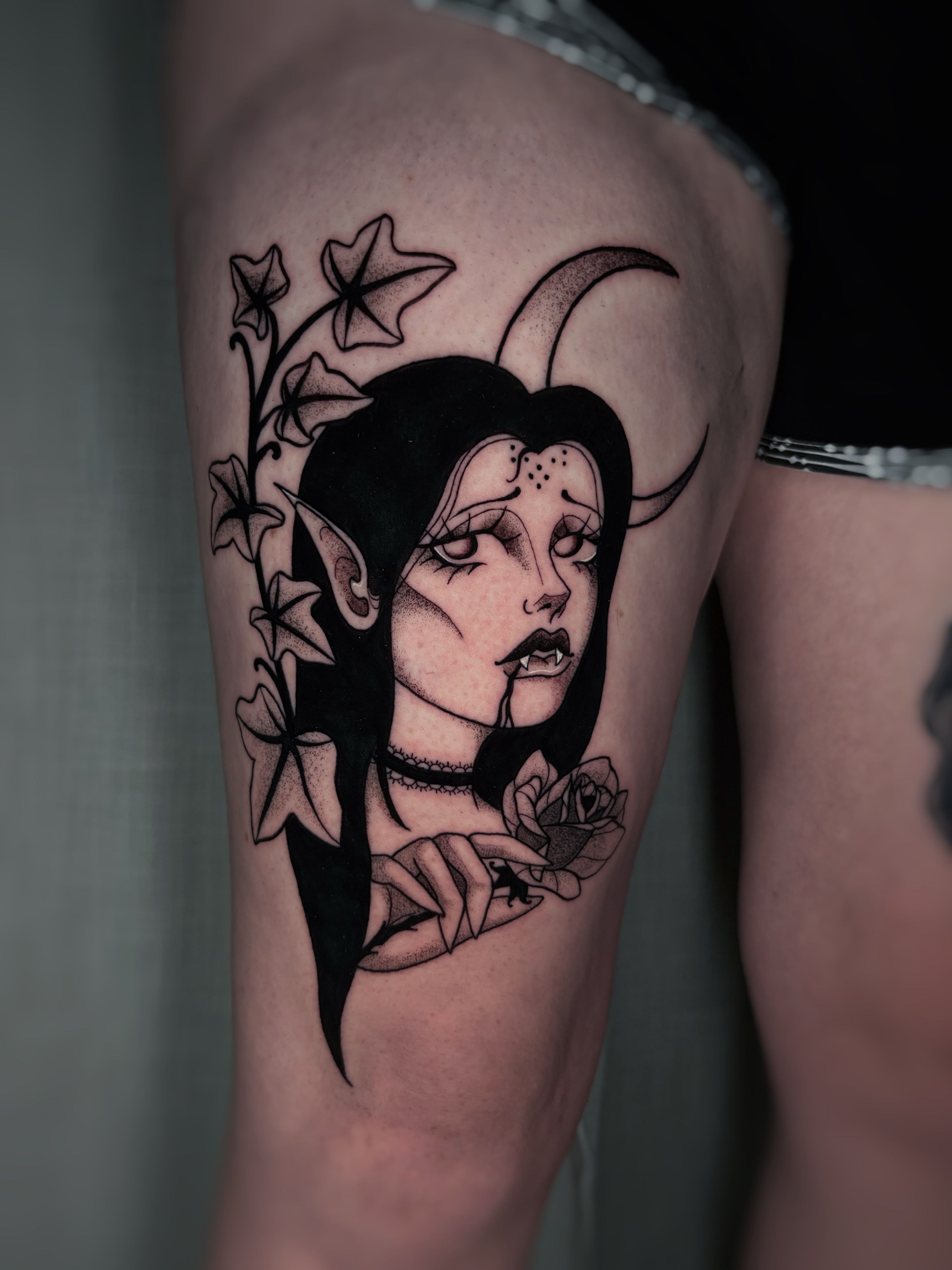 Gothic woman dark realism tattoo on the thigh by ✠ courtney jorée ✠