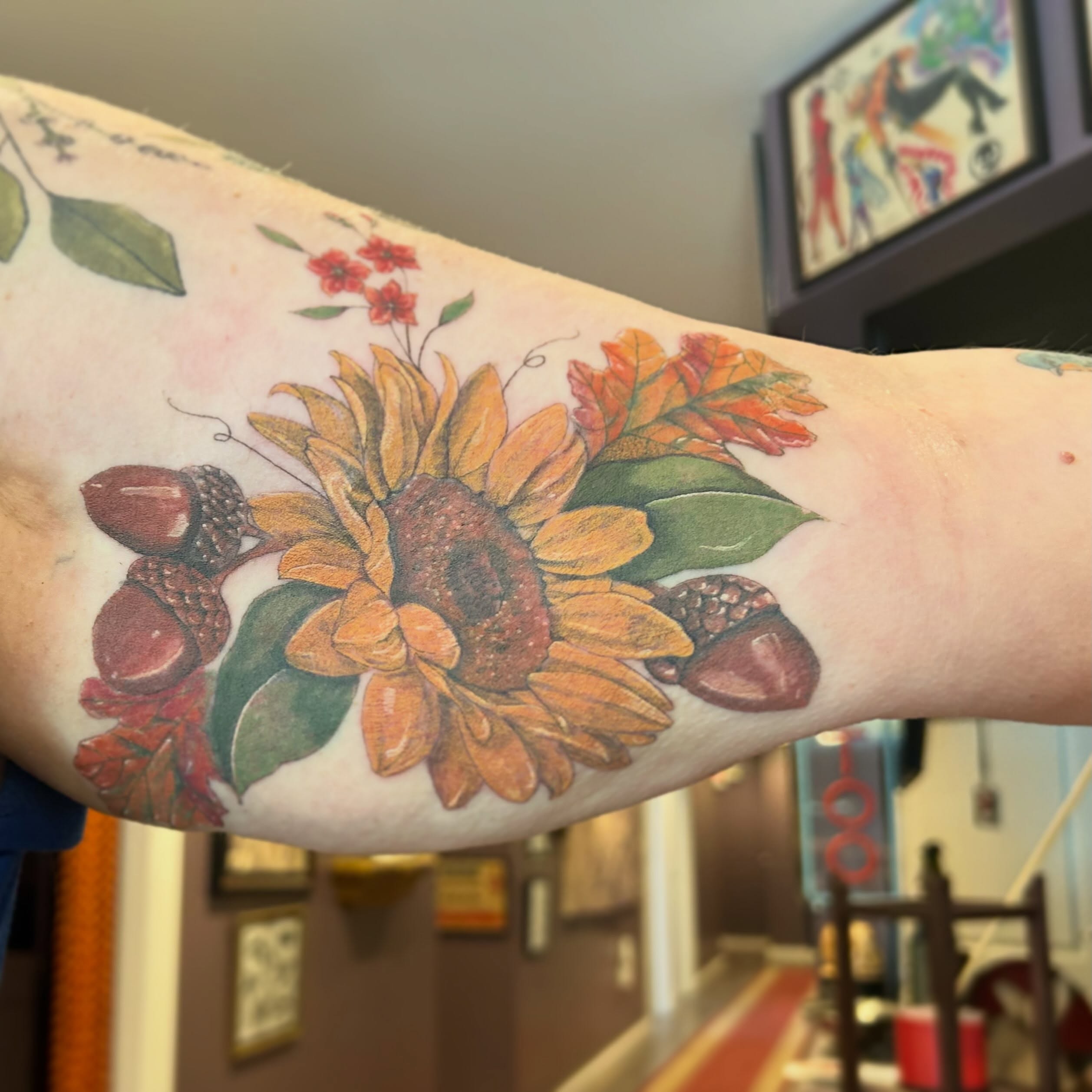 Sunflower bouquet realism tattoo on the forearm by Elizabeth (Lib), Murfreesboro, Tennessee