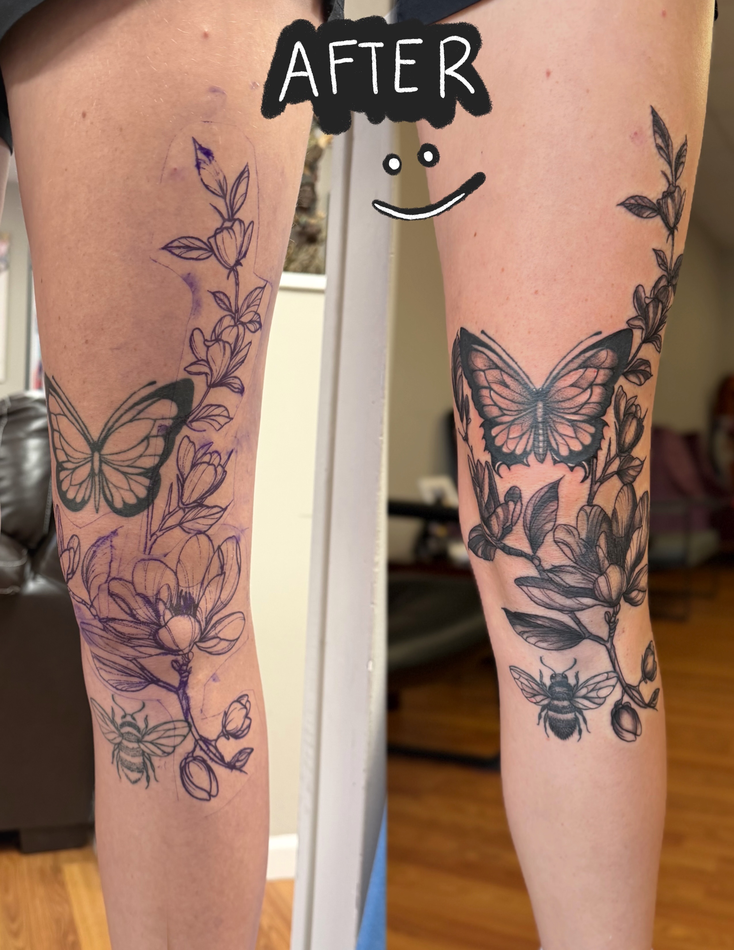 Butterfly and flowers black and grey tattoo on the forearm by Skylar Sheeley