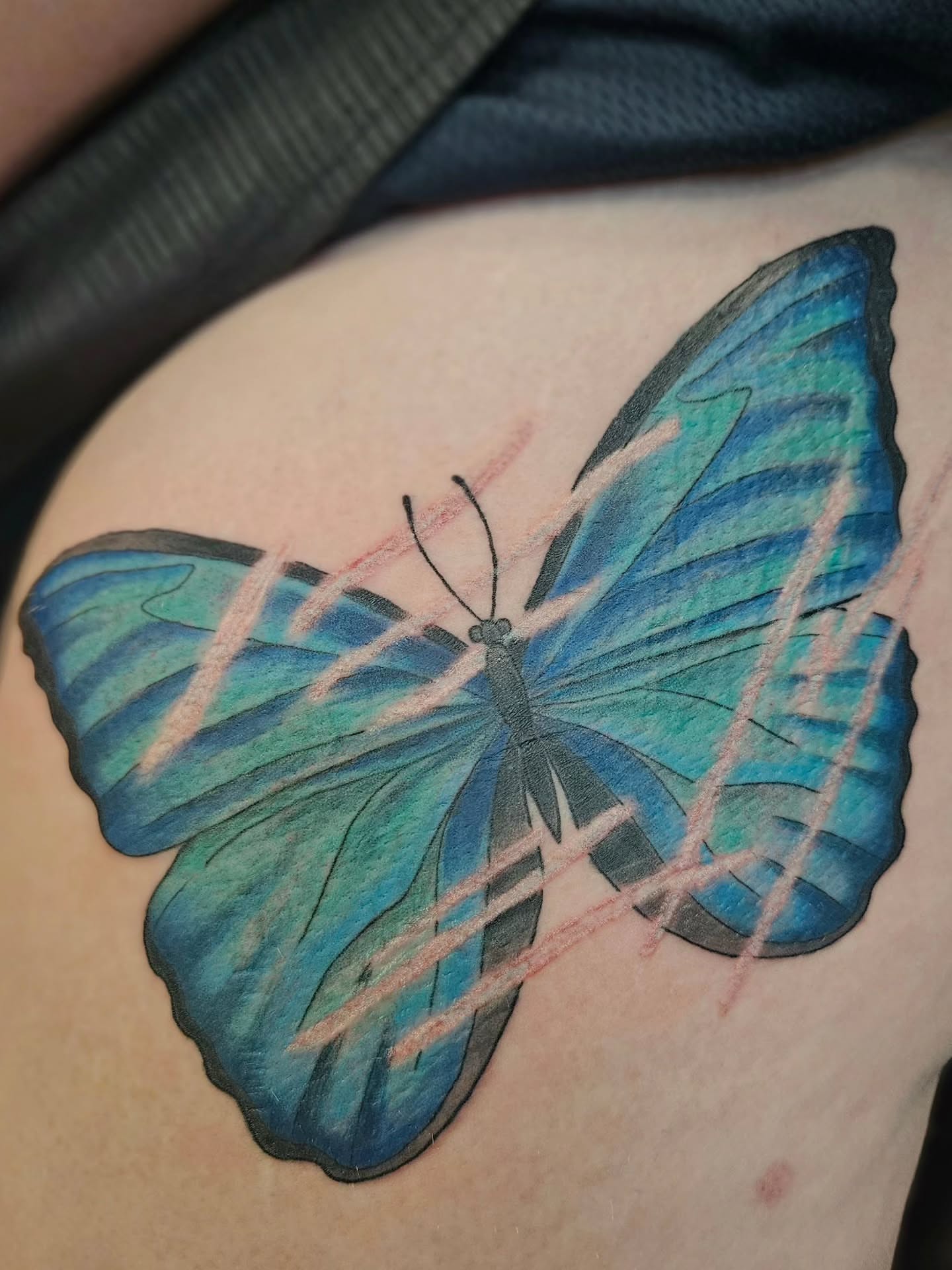 Blue butterfly realism tattoo on the thigh by πΎπππππ πΎπππππ