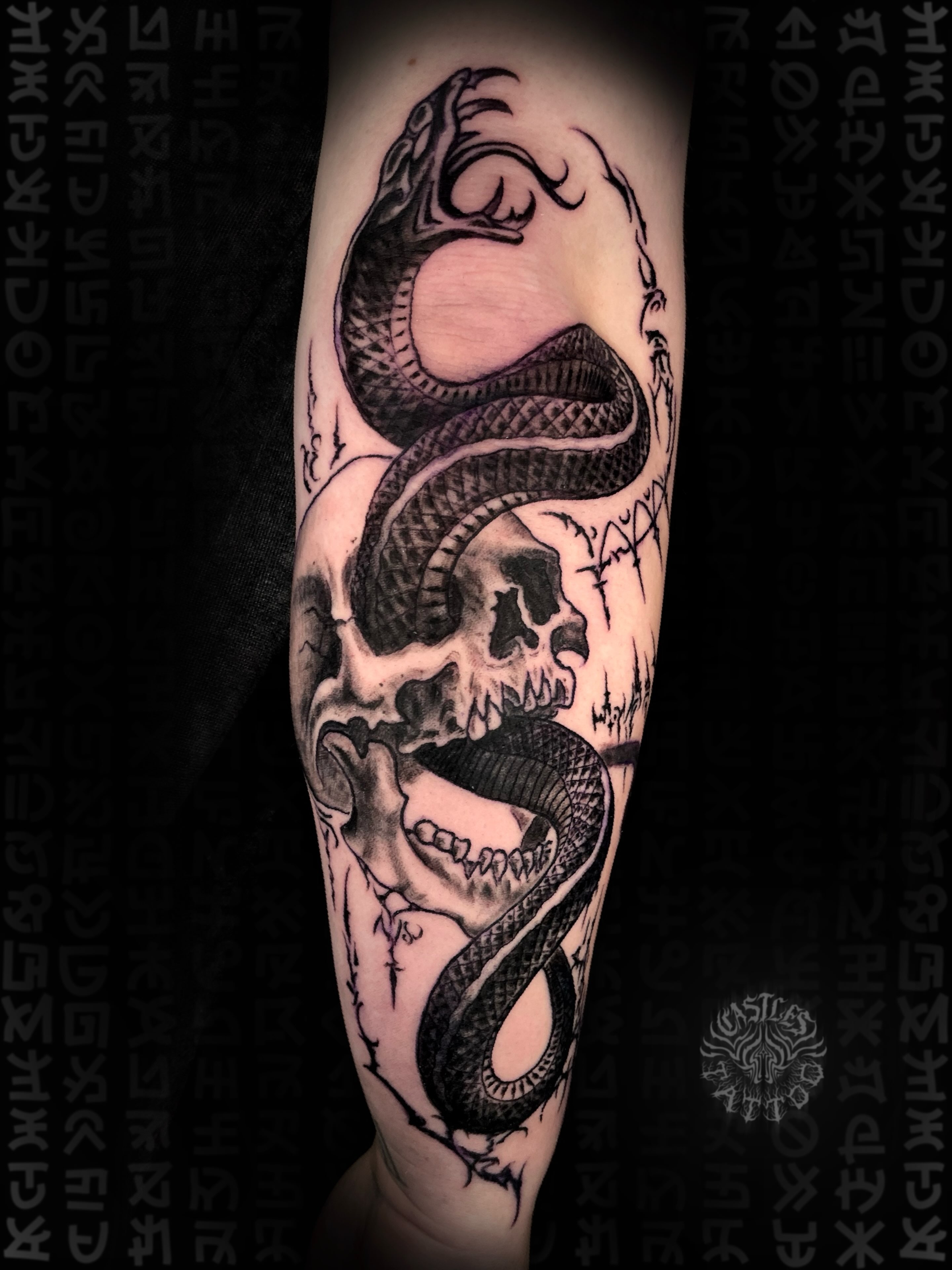 Snake and skull realism tattoo on the forearm by Erin Portland Tattoo Artist